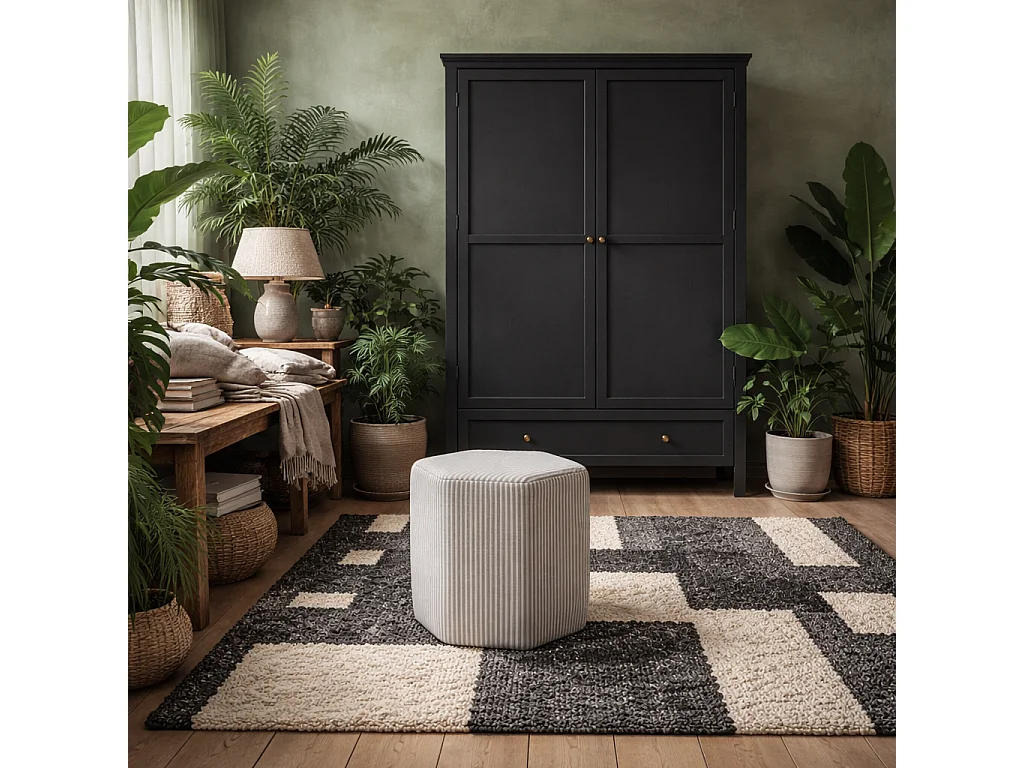 Isabella Grey and White Striped Hexagon Upholstered Stool