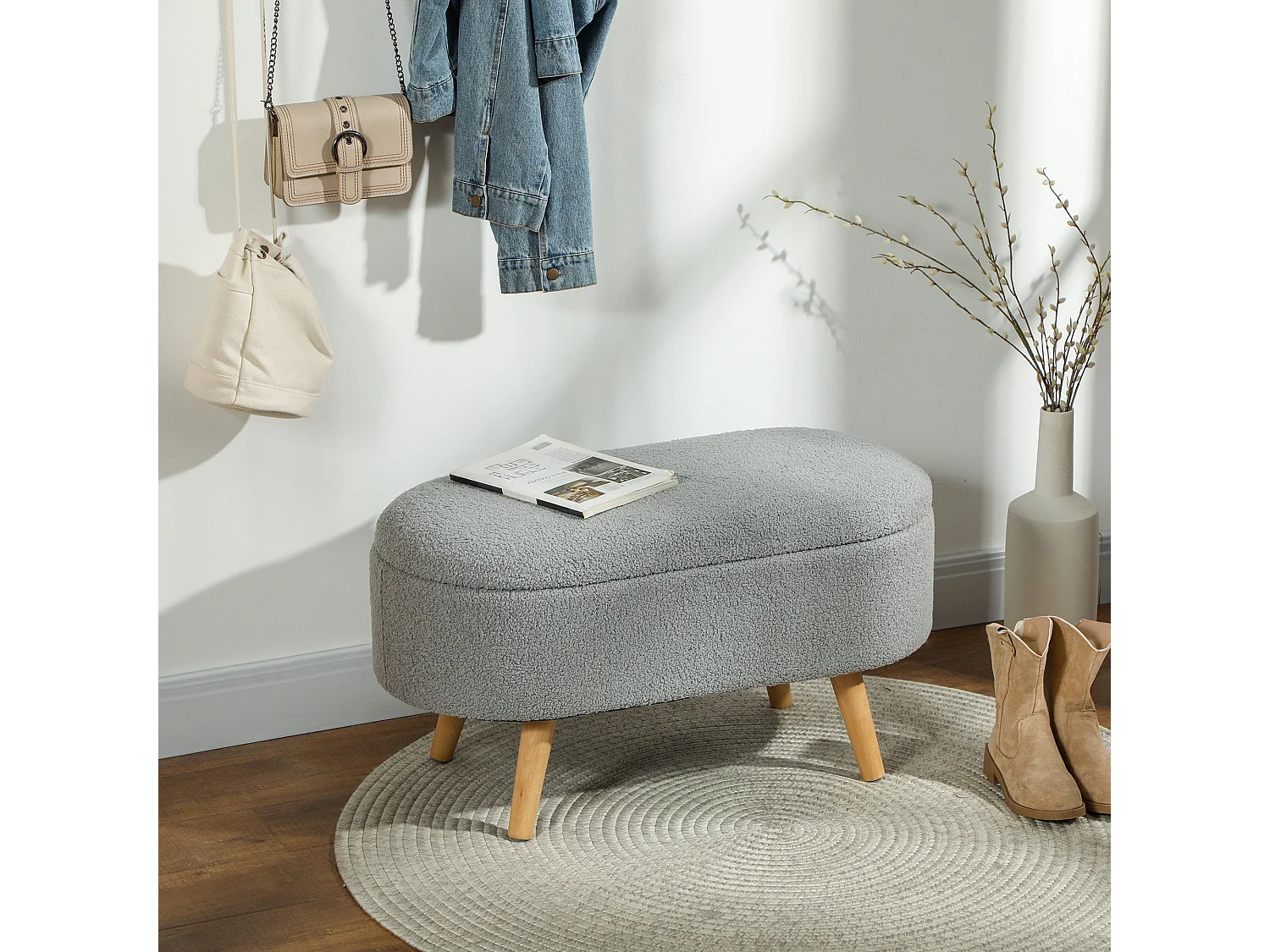 Mael Teddy Fleece Storage Ottoman Charcoal Grey with Pine Legs