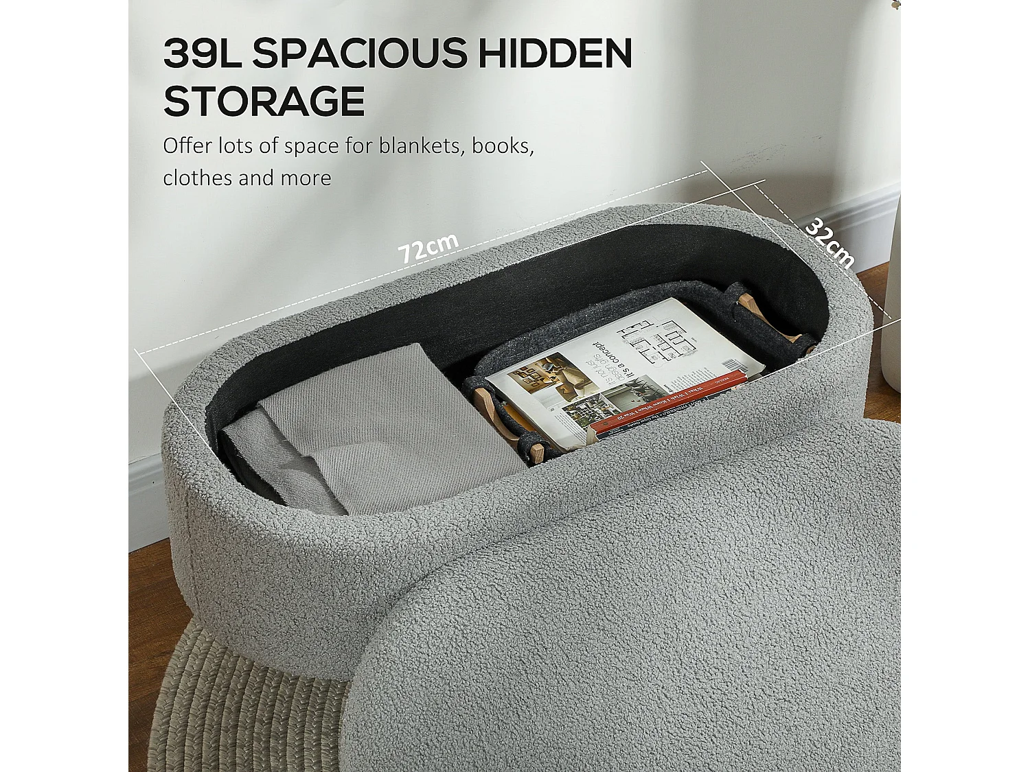 Mael Teddy Fleece Storage Ottoman Charcoal Grey with Pine Legs