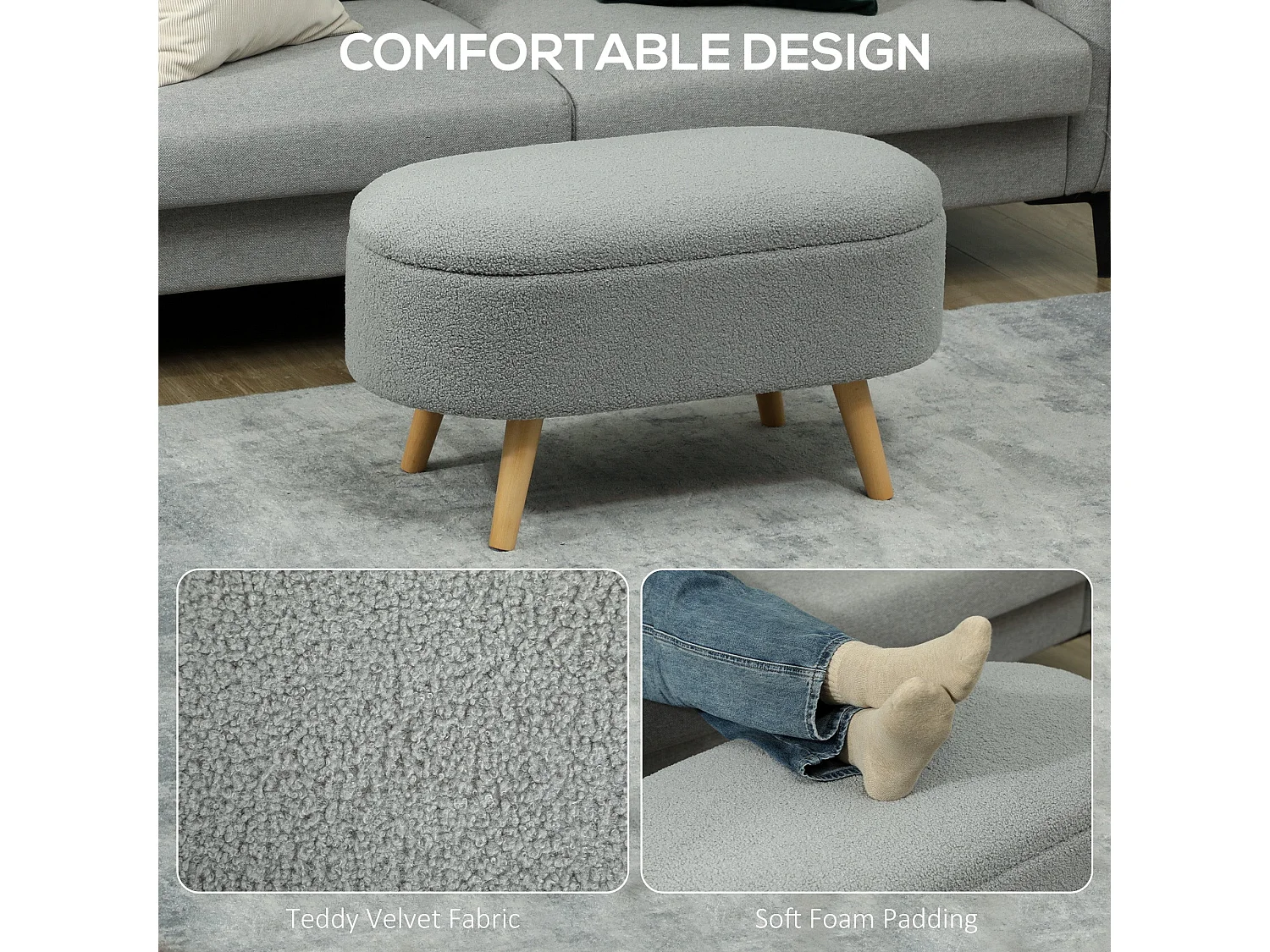 Mael Teddy Fleece Storage Ottoman Charcoal Grey with Pine Legs