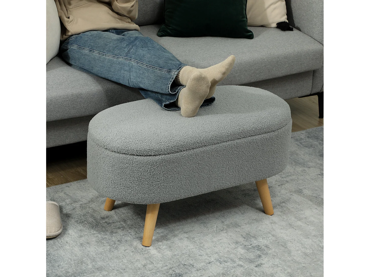 Mael Teddy Fleece Storage Ottoman Charcoal Grey with Pine Legs