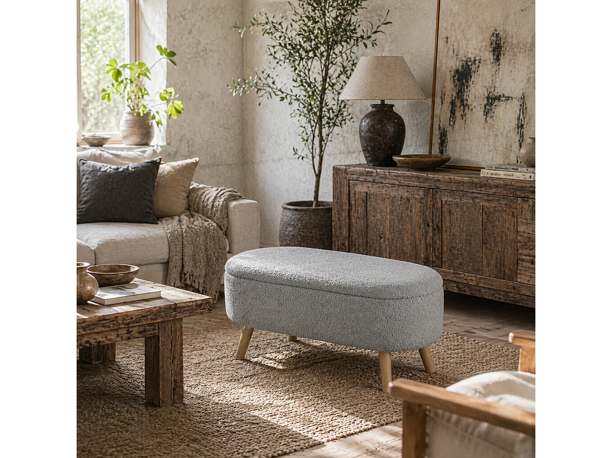 Mael Teddy Fleece Storage Ottoman Charcoal Grey with Pine Legs