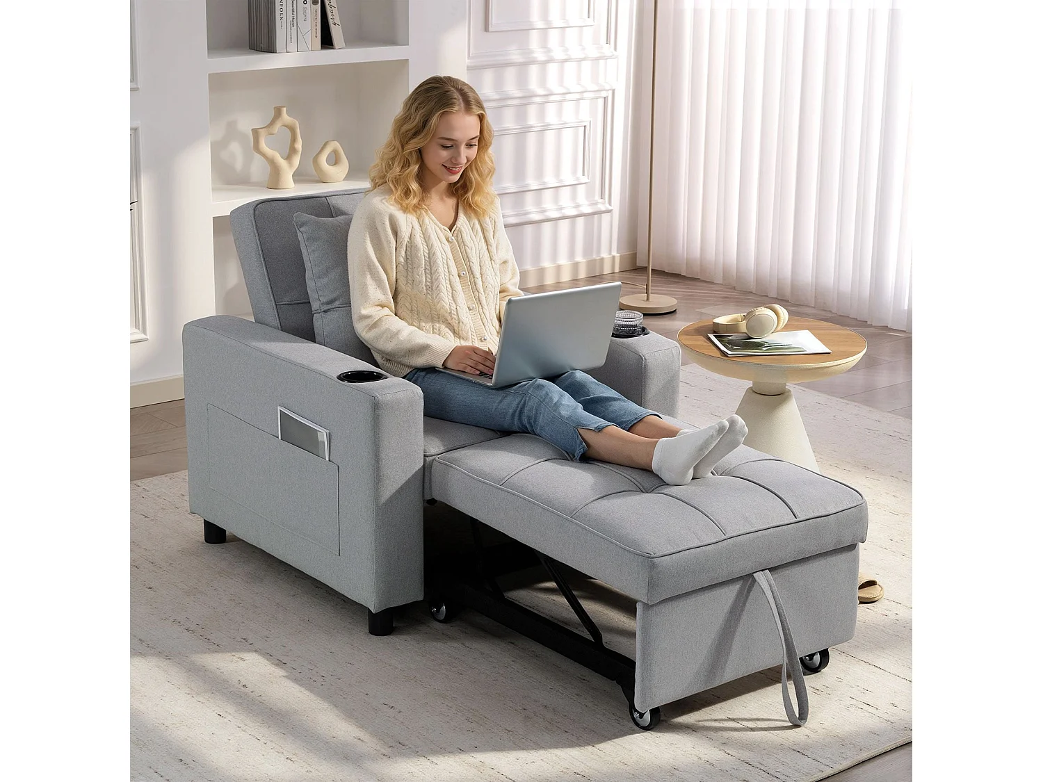 Soliri Light Grey 3 in 1 Convertible Single Sofa Bed with Tufted Cushion