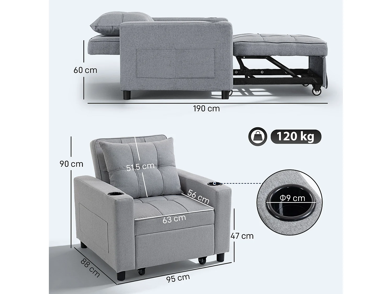 Soliri Light Grey 3 in 1 Convertible Single Sofa Bed with Tufted Cushion