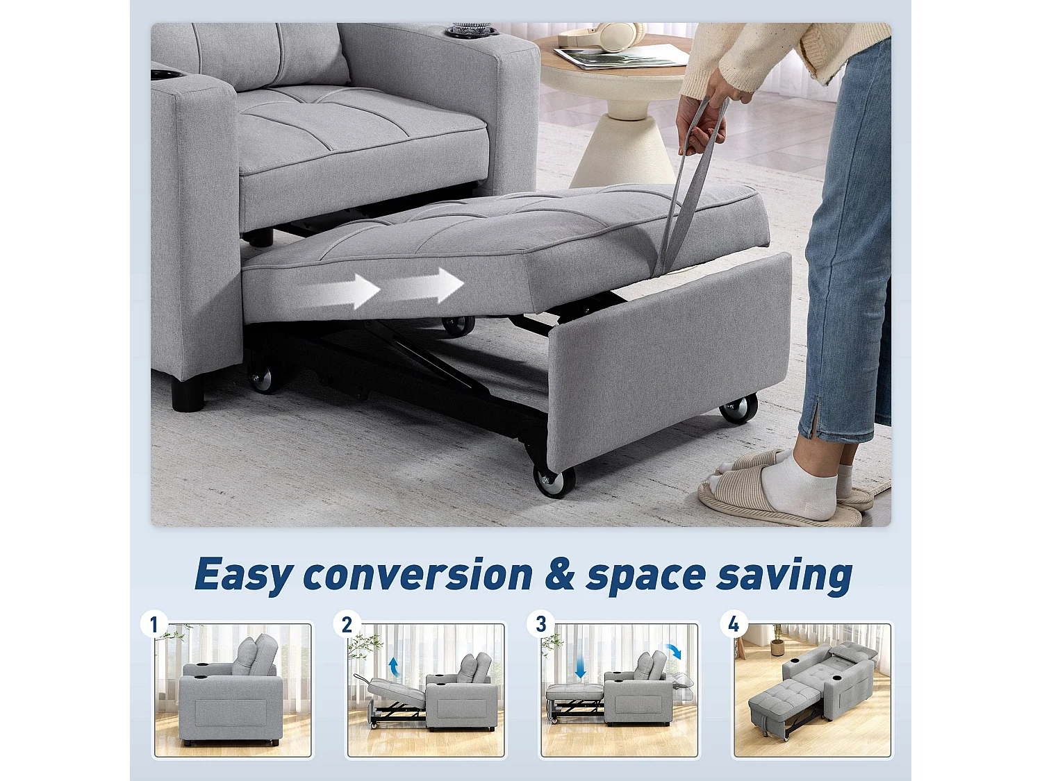 Soliri Light Grey 3 in 1 Convertible Single Sofa Bed with Tufted Cushion