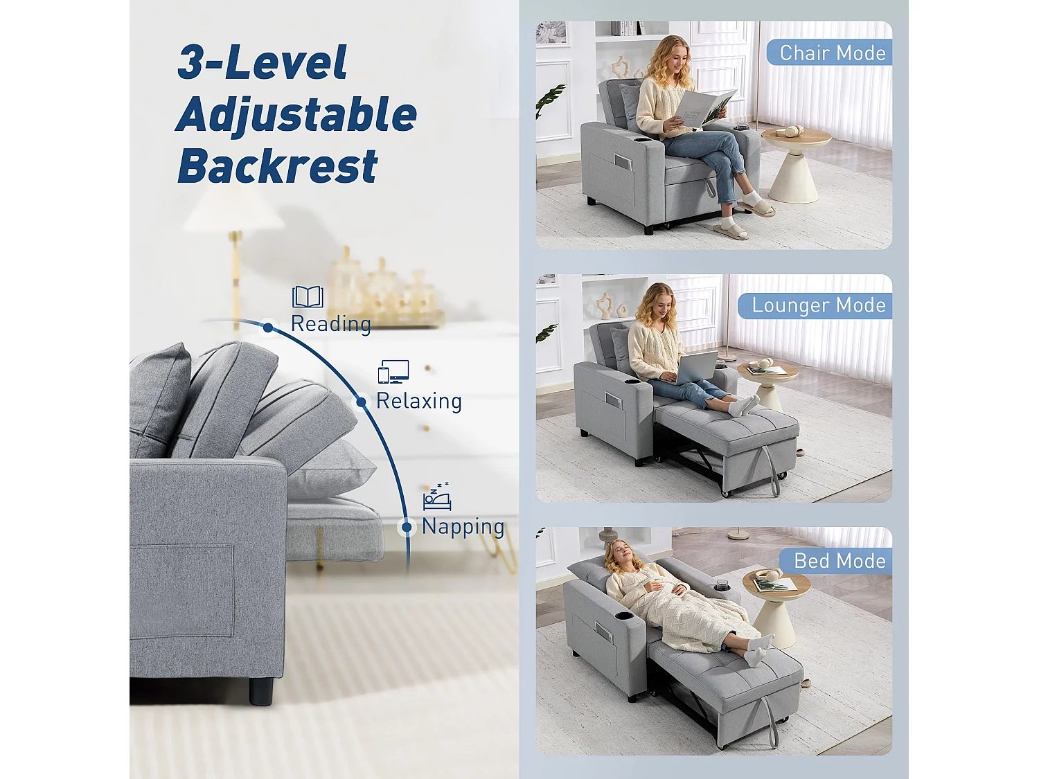 Soliri Light Grey 3 in 1 Convertible Single Sofa Bed with Tufted Cushion