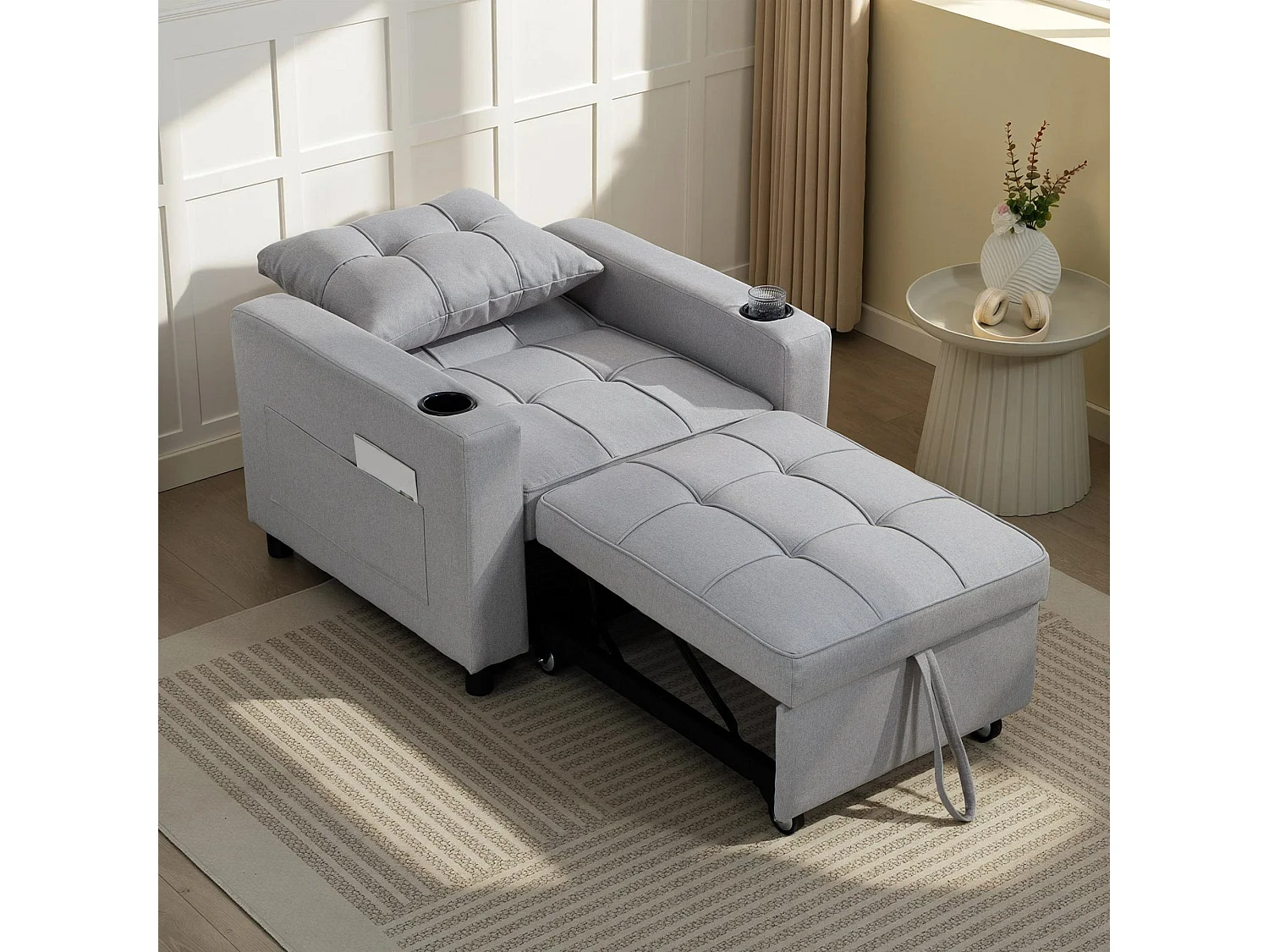 Soliri Light Grey 3 in 1 Convertible Single Sofa Bed with Tufted Cushion