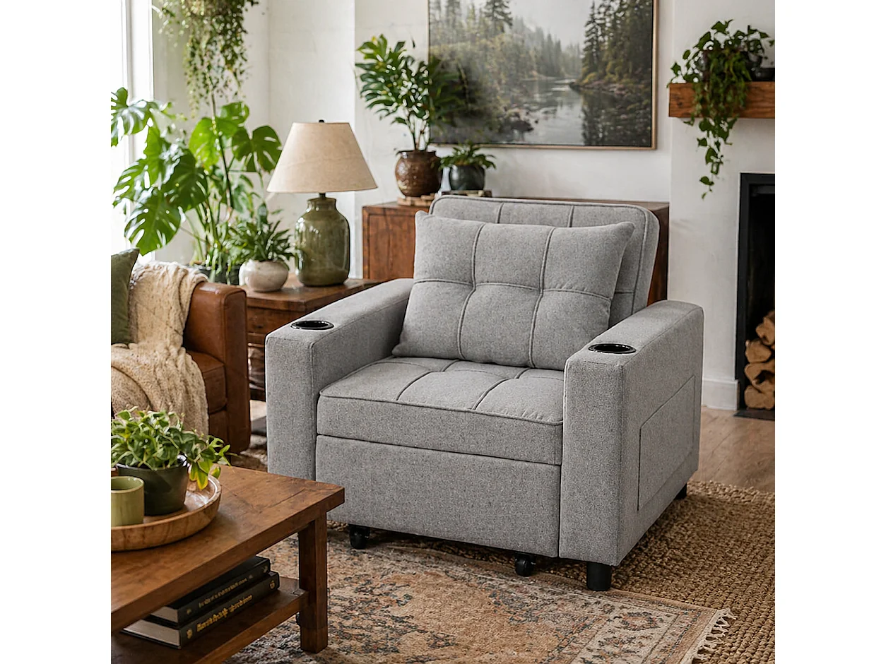 Soliri Light Grey 3 in 1 Convertible Single Sofa Bed with Tufted Cushion