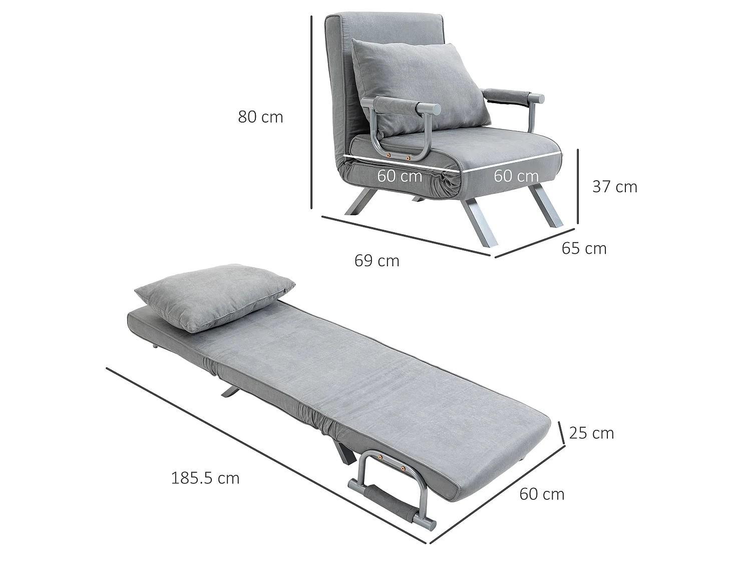 Yorito Suedette Grey Convertible Chair Bed with 5 Level Adjustable Backrest