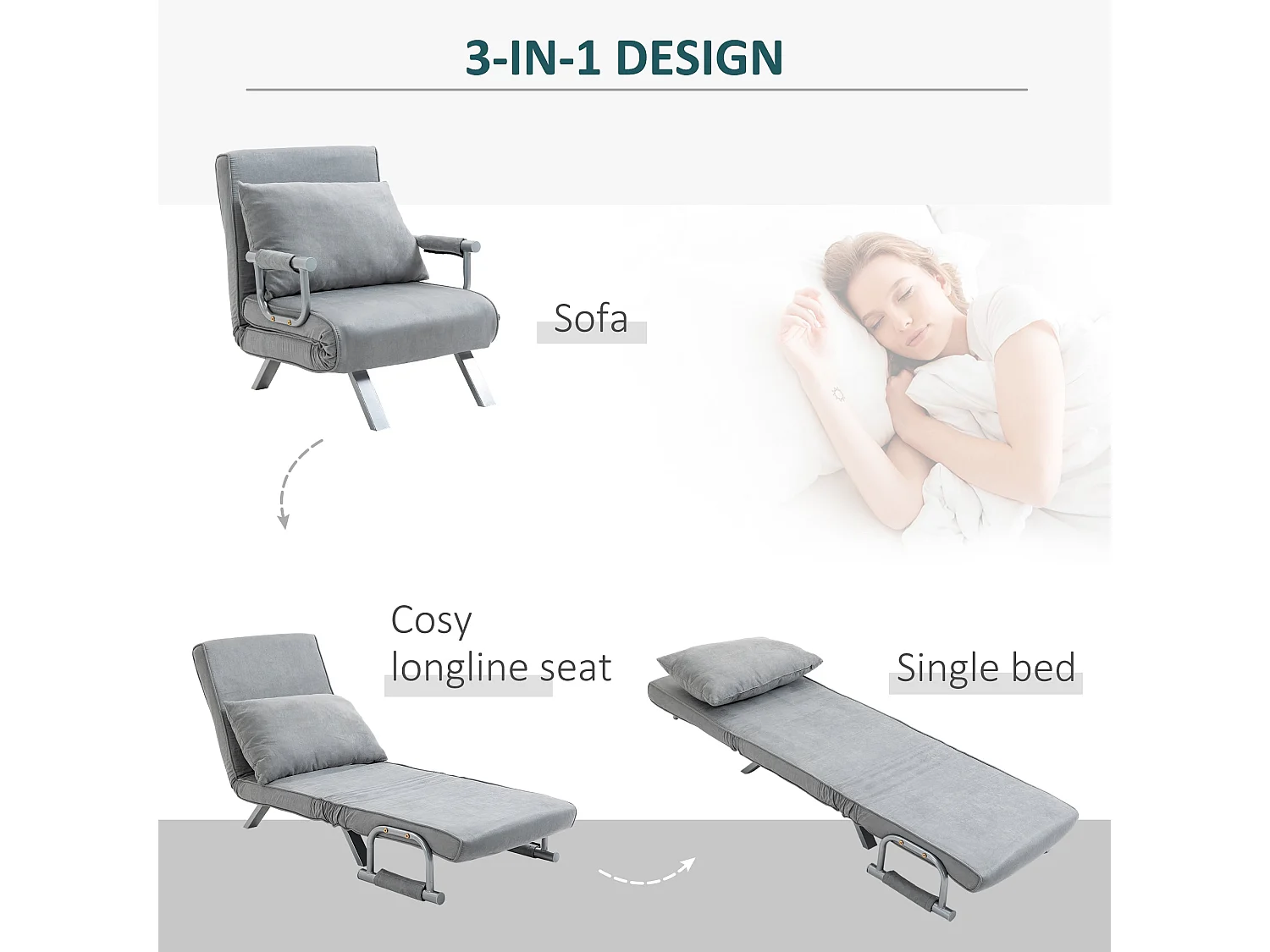 Yorito Suedette Grey Convertible Chair Bed with 5 Level Adjustable Backrest