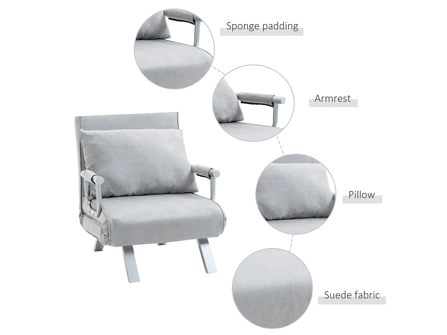 Yorito Suedette Grey Convertible Chair Bed with 5 Level Adjustable Backrest
