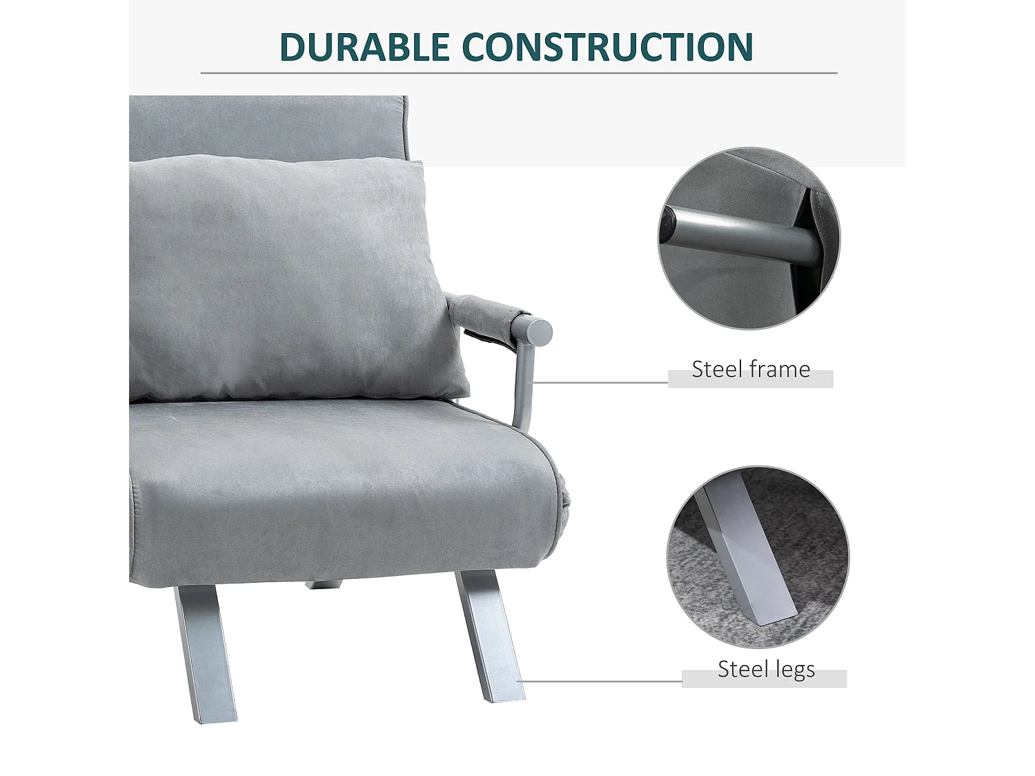 Yorito Suedette Grey Convertible Chair Bed with 5 Level Adjustable Backrest