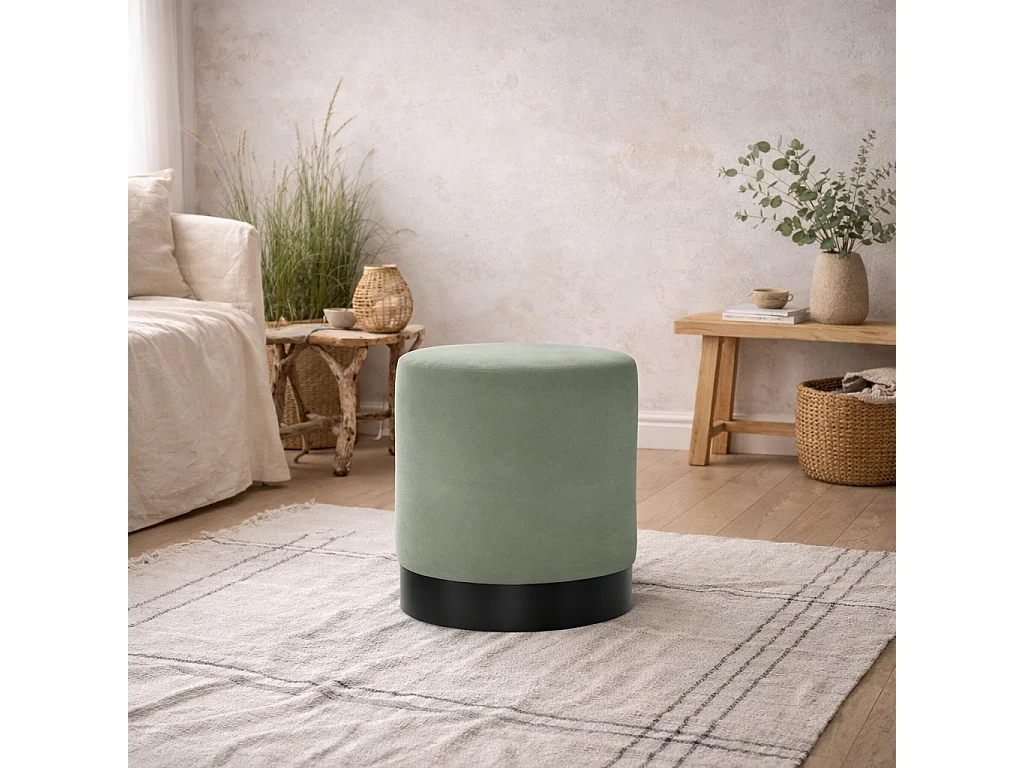 Kalua Small Round Velvet Stool Sage Green Matt Black Base
