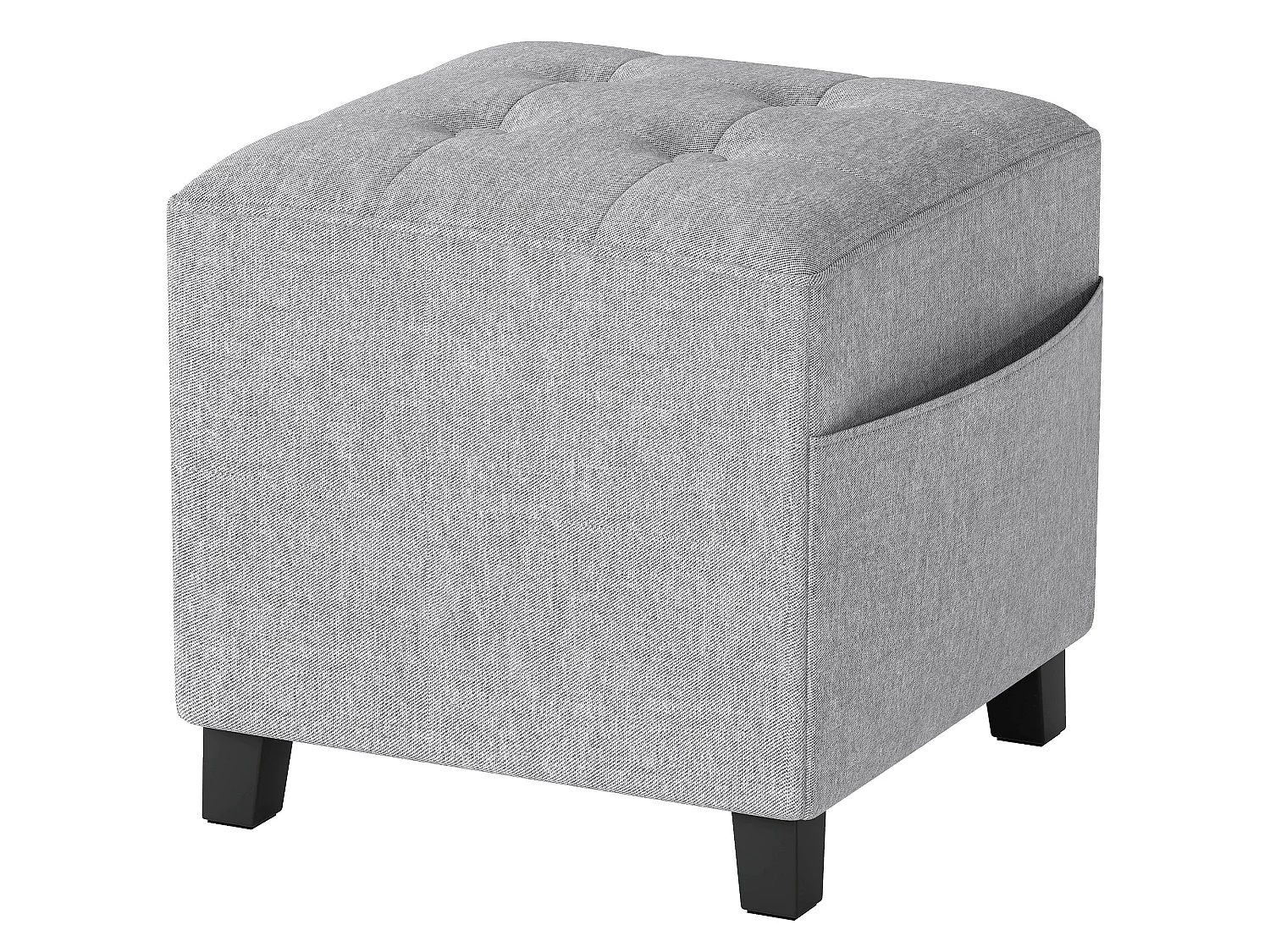 Linen Look Light Grey Square Footstool with Side Pocket and Black Rubberwood Legs