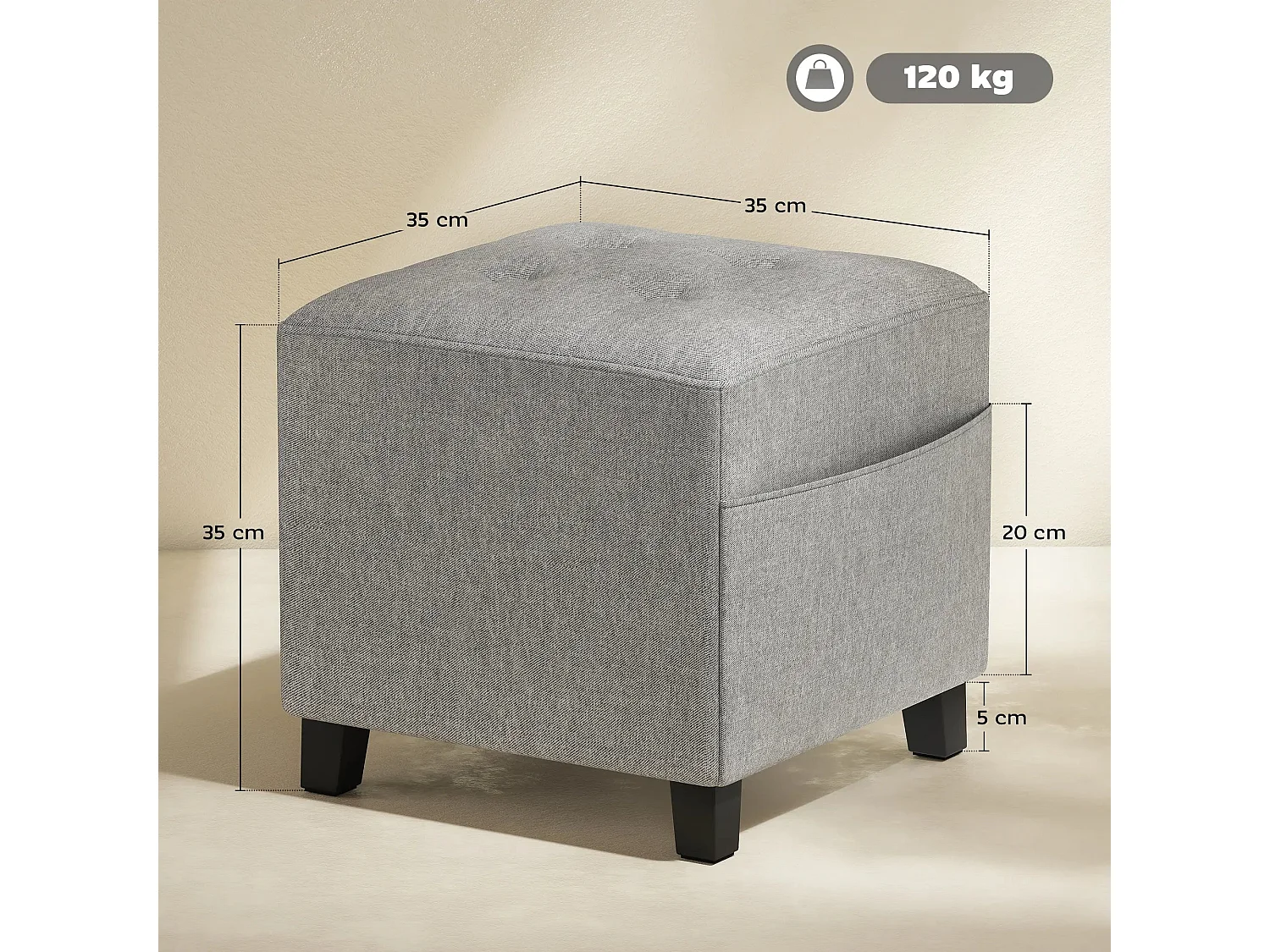 Linen Look Light Grey Square Footstool with Side Pocket and Black Rubberwood Legs