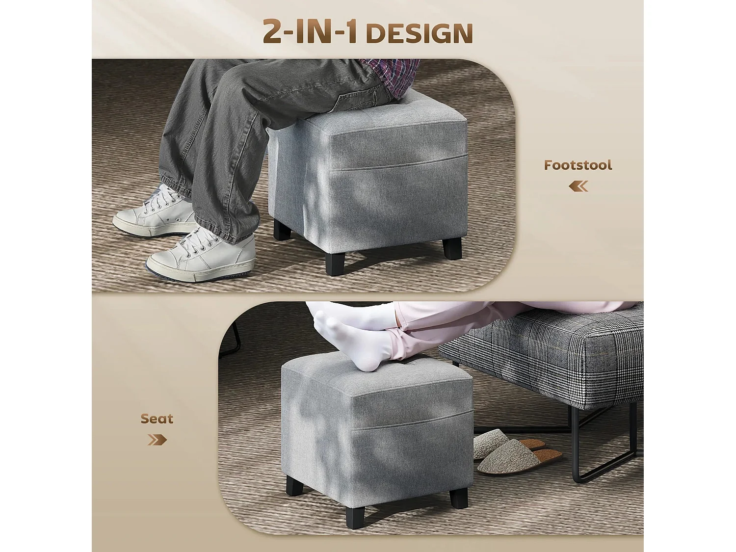 Linen Look Light Grey Square Footstool with Side Pocket and Black Rubberwood Legs
