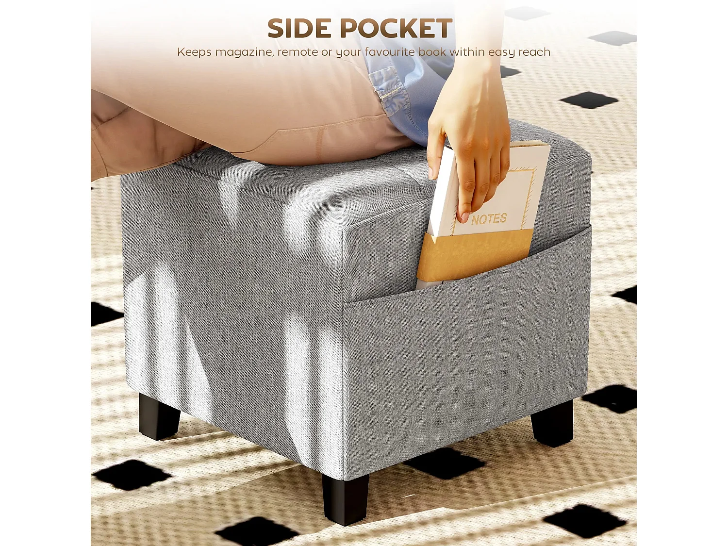 Linen Look Light Grey Square Footstool with Side Pocket and Black Rubberwood Legs