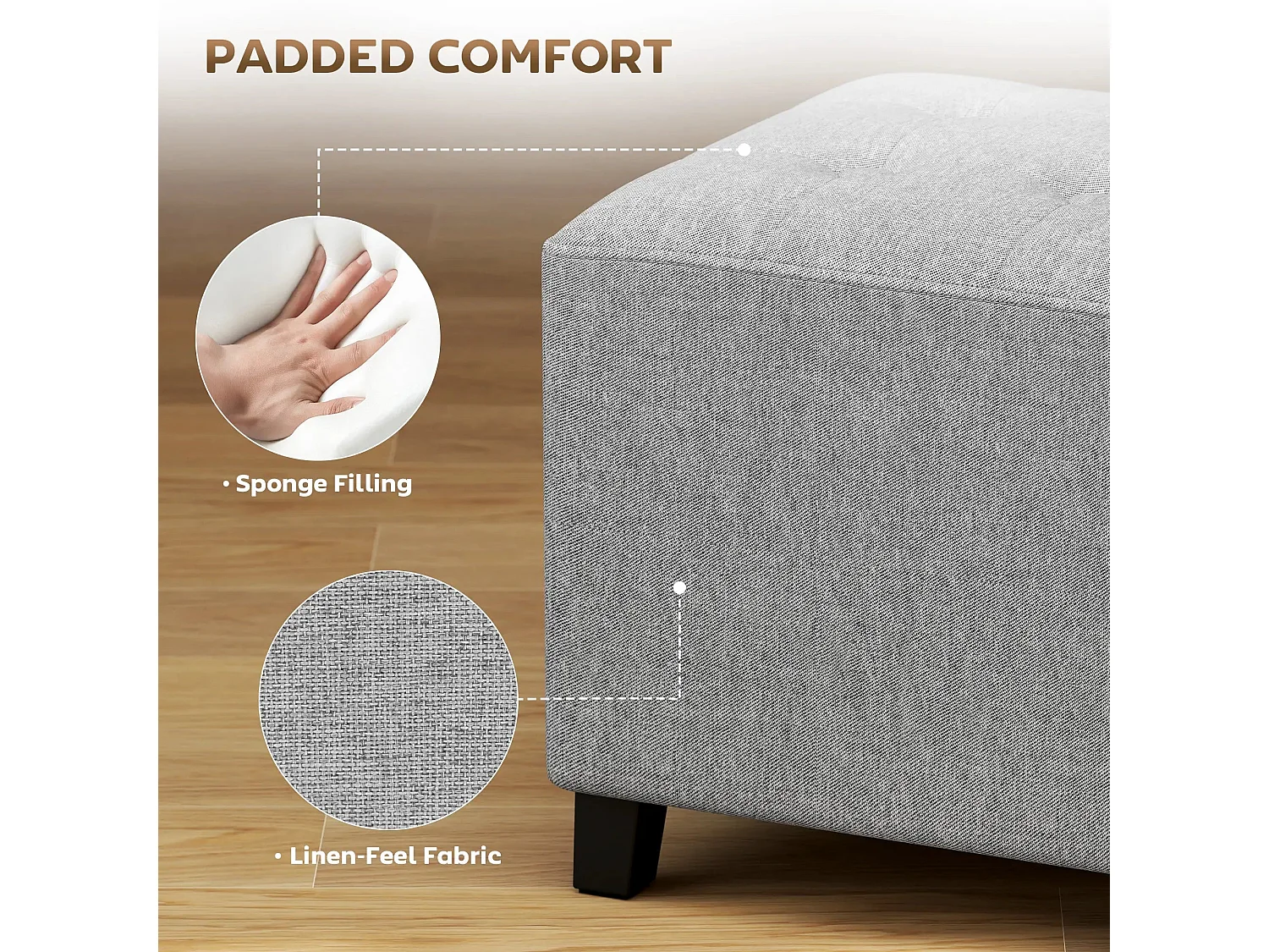 Linen Look Light Grey Square Footstool with Side Pocket and Black Rubberwood Legs