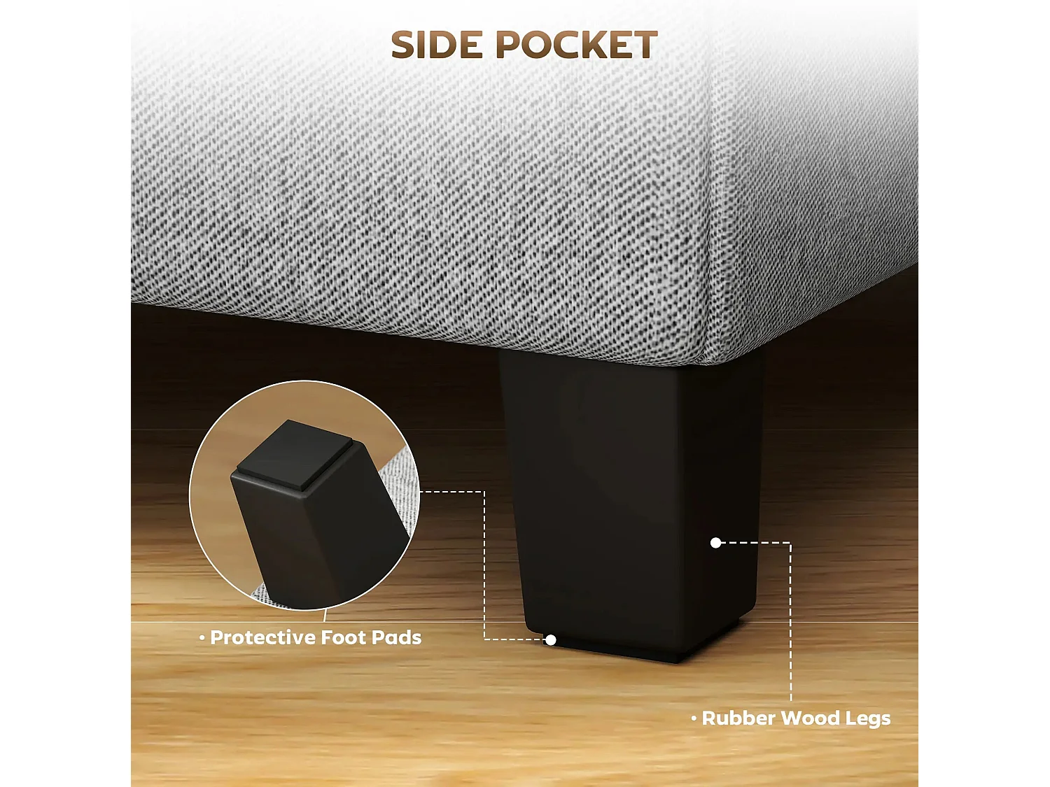 Linen Look Light Grey Square Footstool with Side Pocket and Black Rubberwood Legs