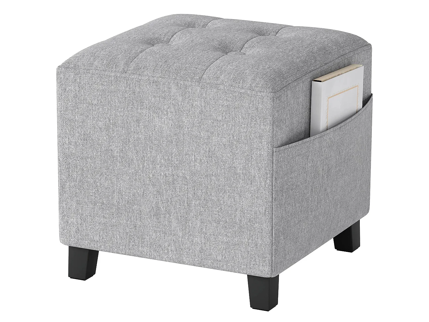 Linen Look Light Grey Square Footstool with Side Pocket and Black Rubberwood Legs