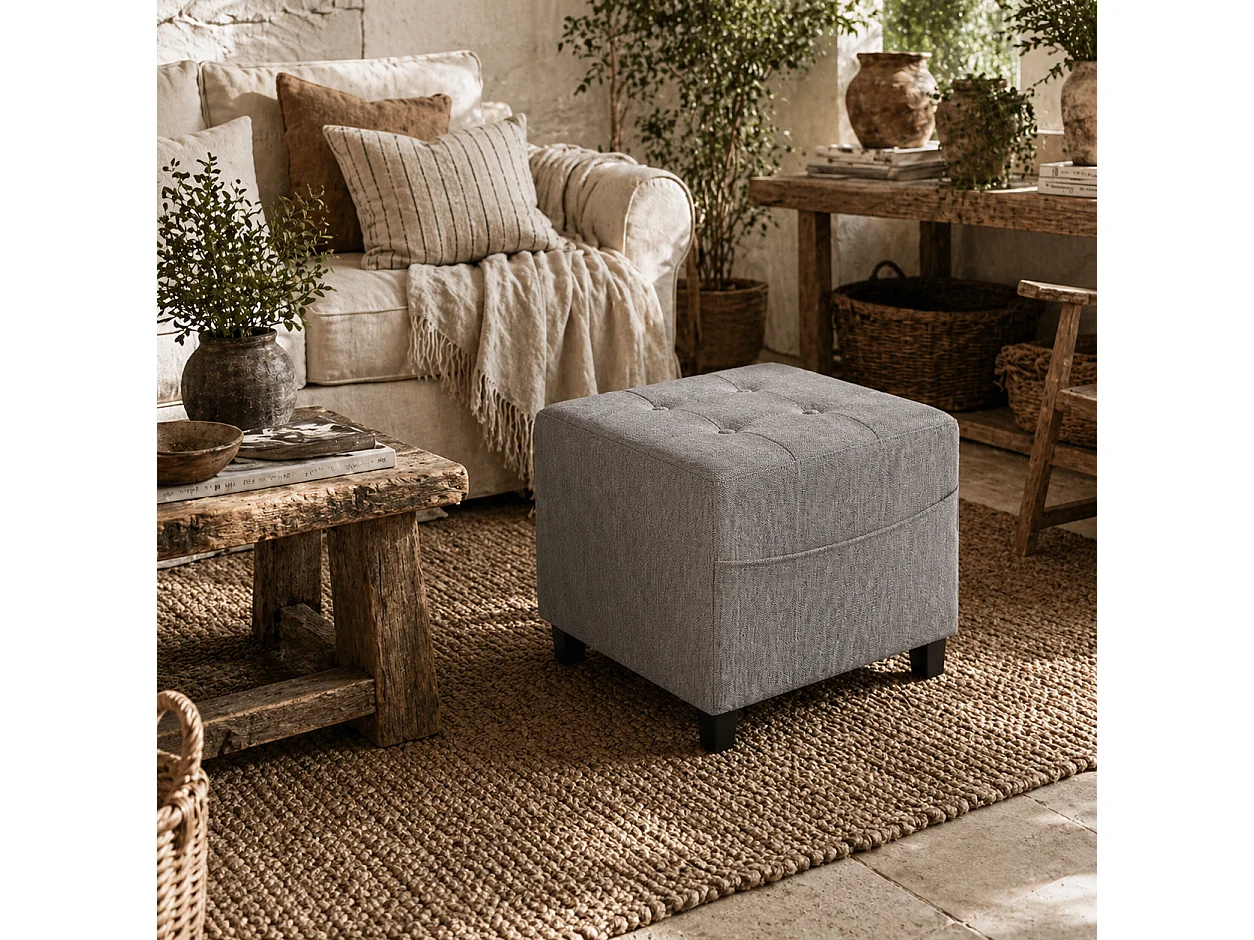 Linen Look Light Grey Square Footstool with Side Pocket and Black Rubberwood Legs