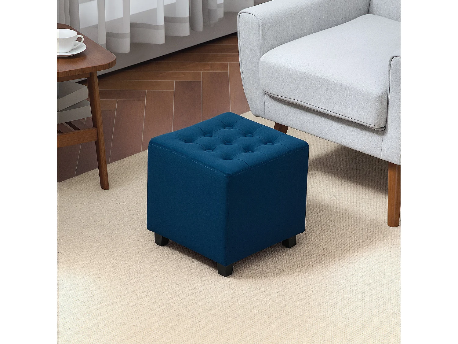 Dimano Blue Velvet Feel Square Ottoman Diamond Tufted