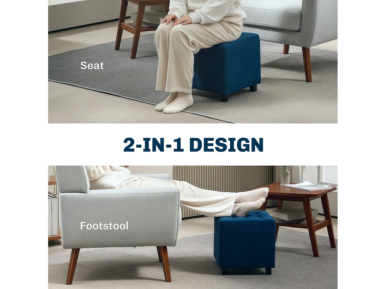 Dimano Blue Velvet Feel Square Ottoman Diamond Tufted