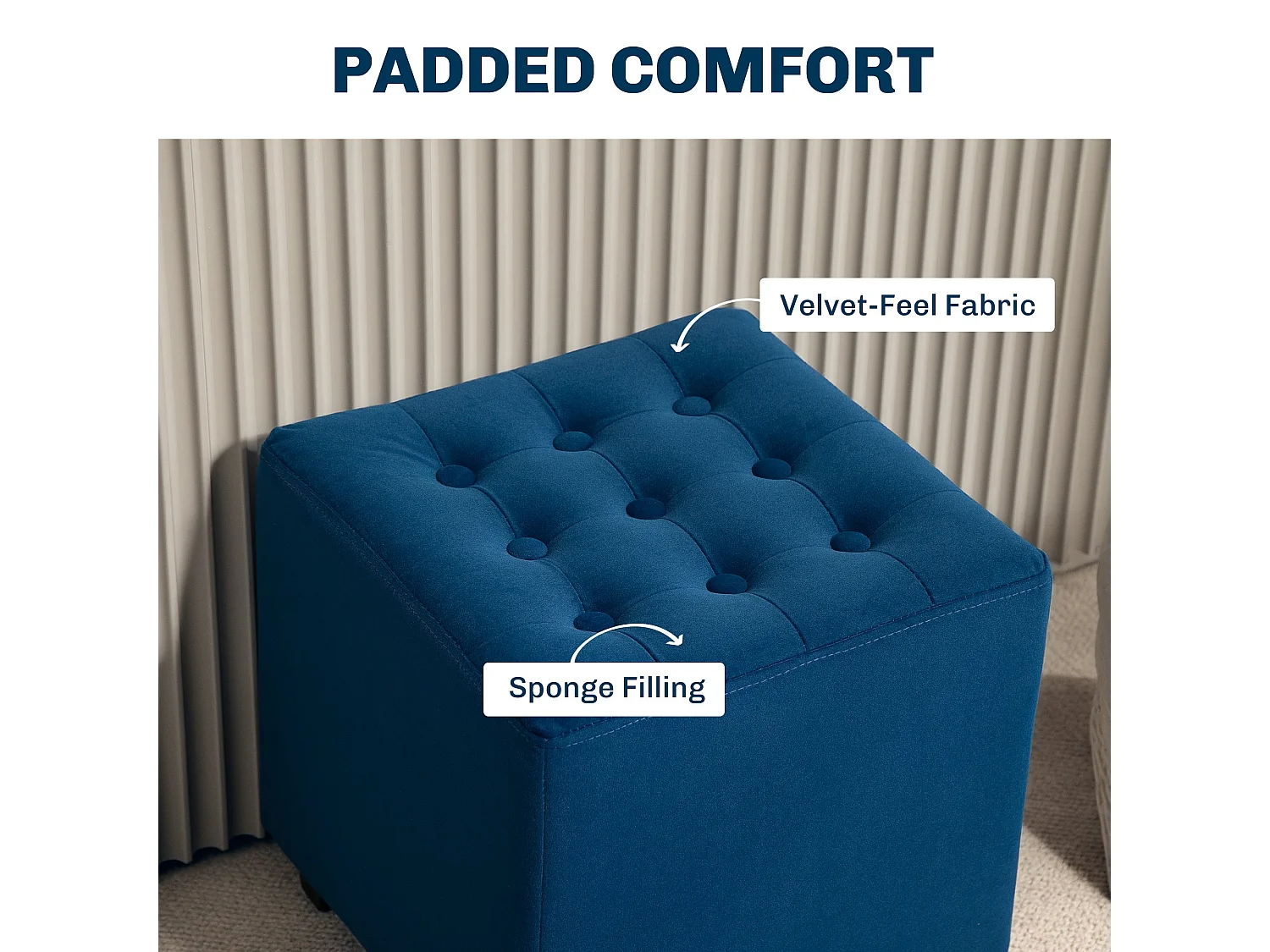 Dimano Blue Velvet Feel Square Ottoman Diamond Tufted