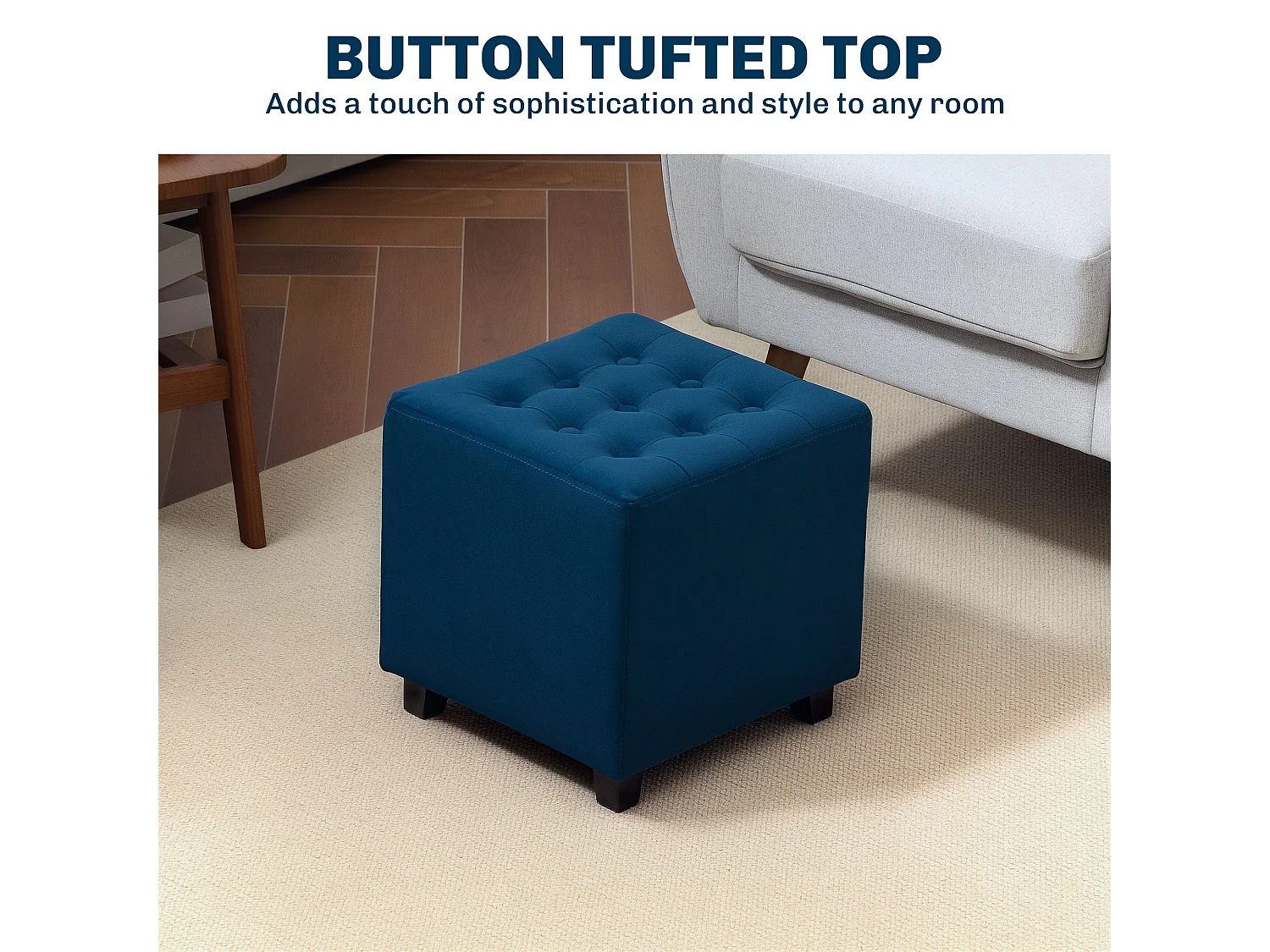 Dimano Blue Velvet Feel Square Ottoman Diamond Tufted