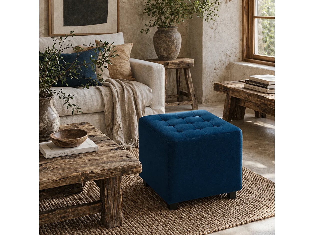 Dimano Blue Velvet Feel Square Ottoman Diamond Tufted