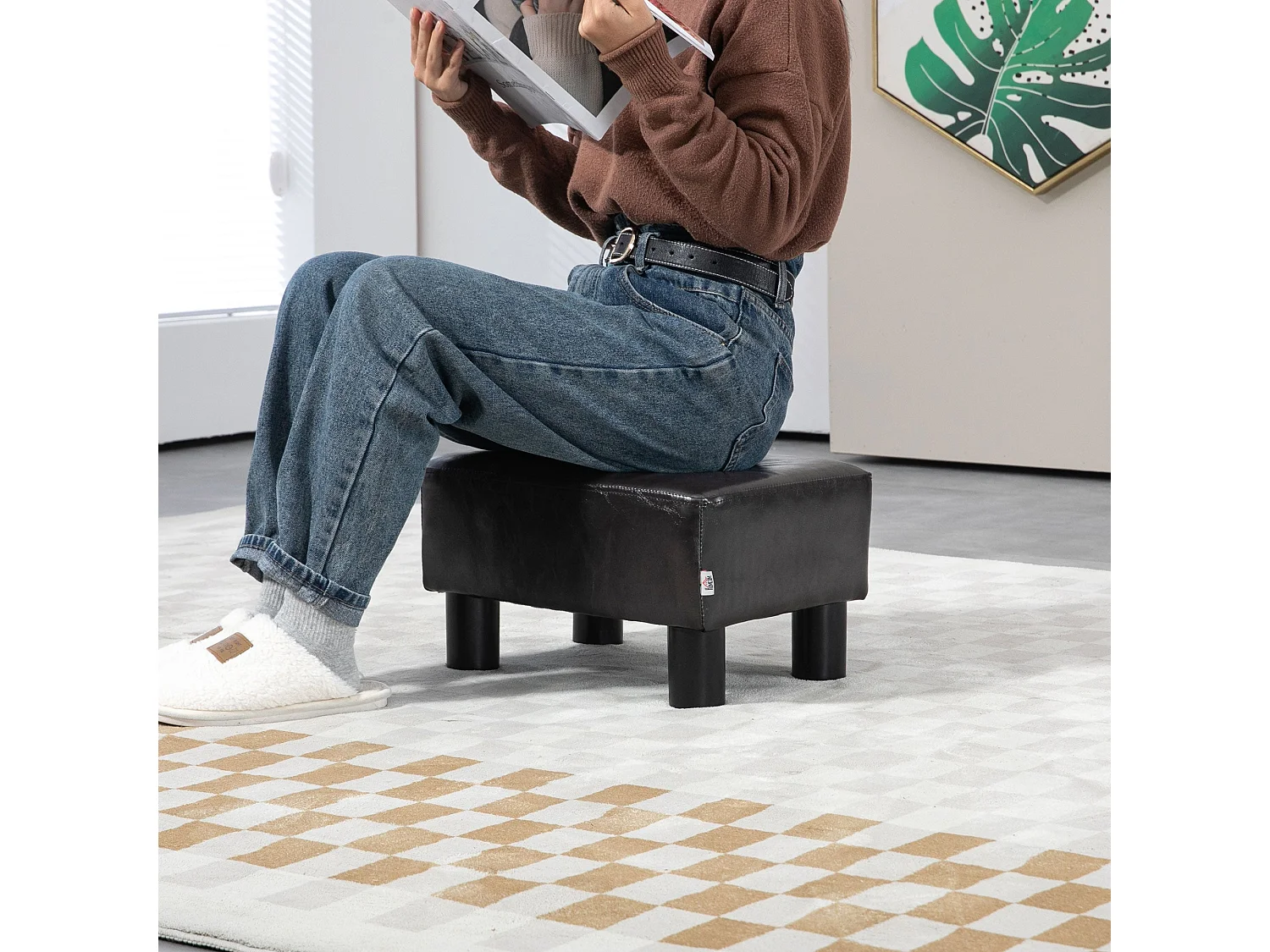Fatopa Brown Faux Leather Cube Footstool 40x30x24cm Foam Padded with 4 Plastic Feet