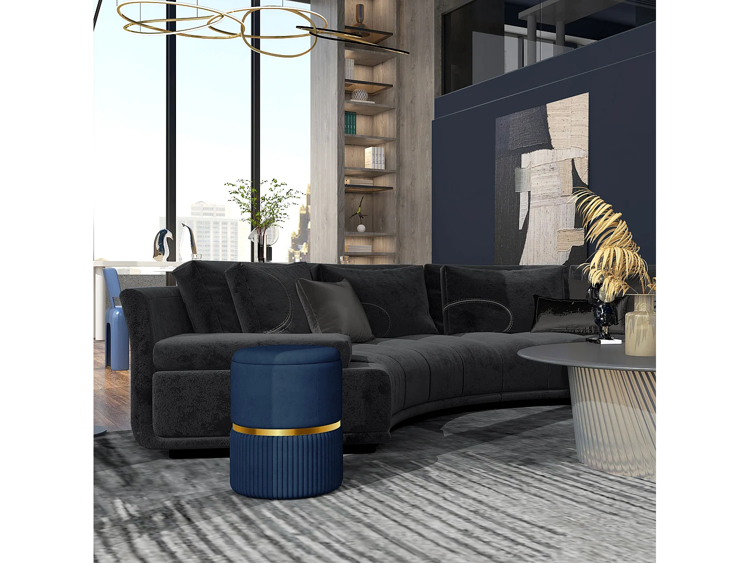 Pazima Velvet Blue Storage Ottoman with Gold Accent Padded Upholstered Top
