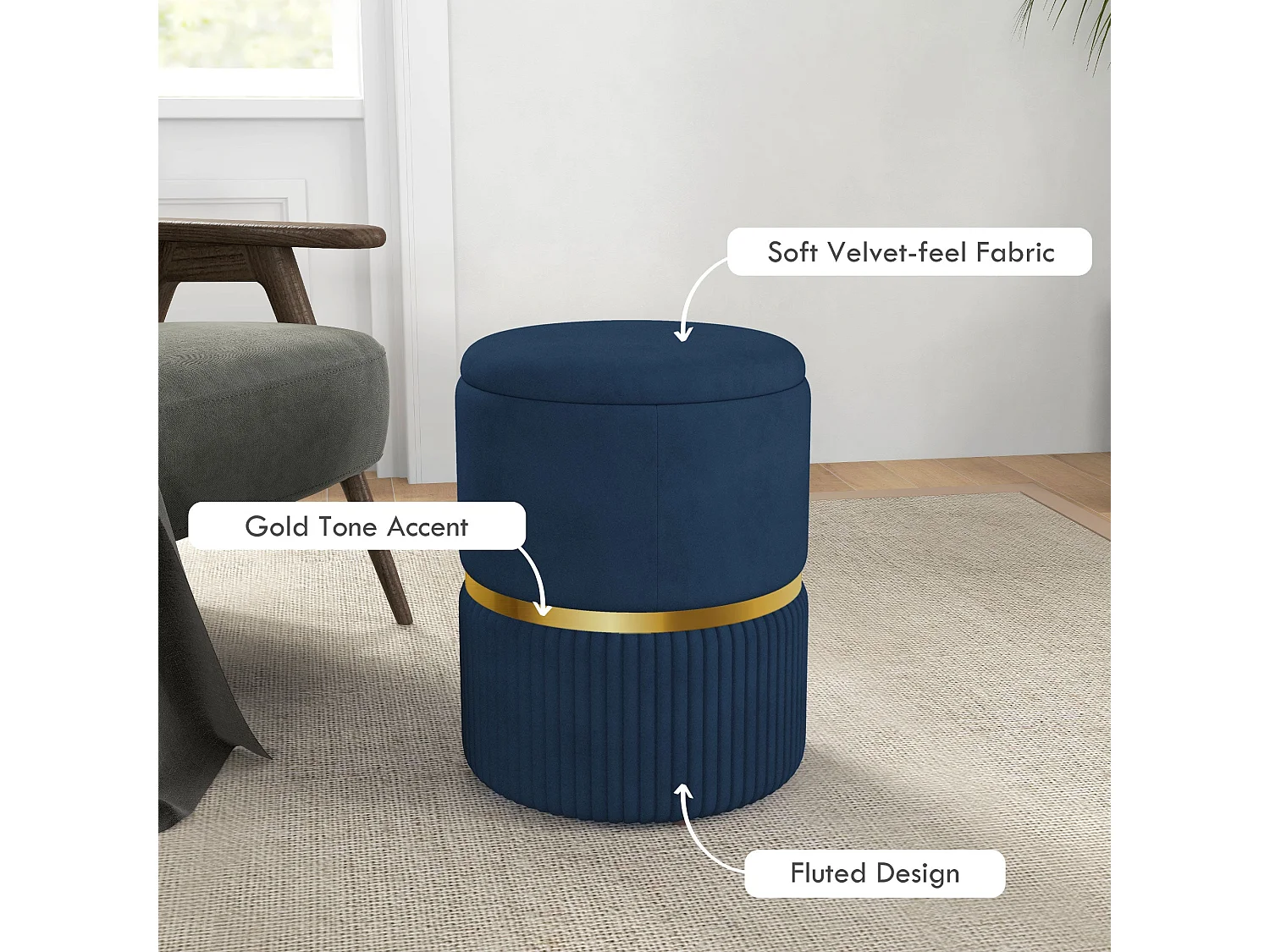 Pazima Velvet Blue Storage Ottoman with Gold Accent Padded Upholstered Top