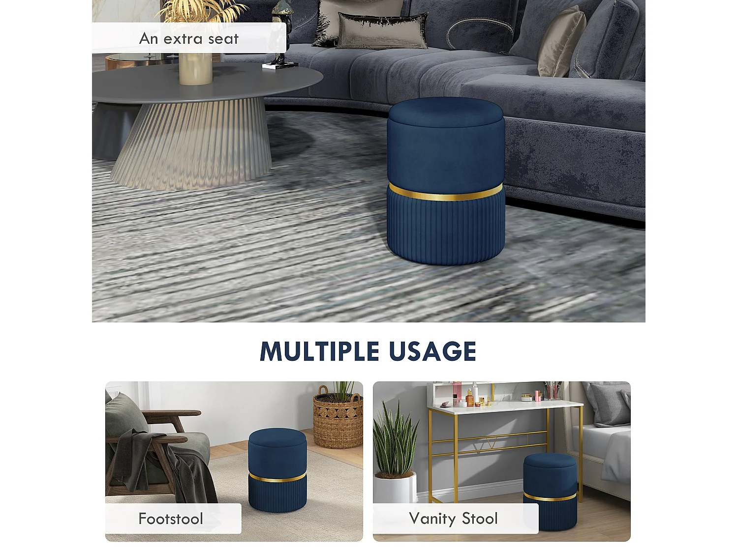 Pazima Velvet Blue Storage Ottoman with Gold Accent Padded Upholstered Top