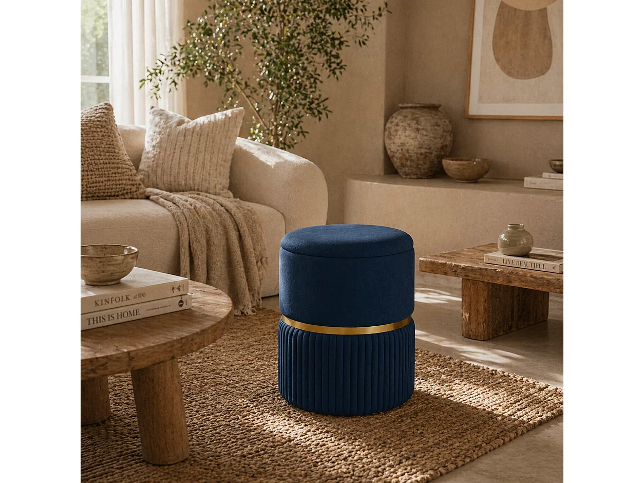 Pazima Velvet Blue Storage Ottoman with Gold Accent Padded Upholstered Top