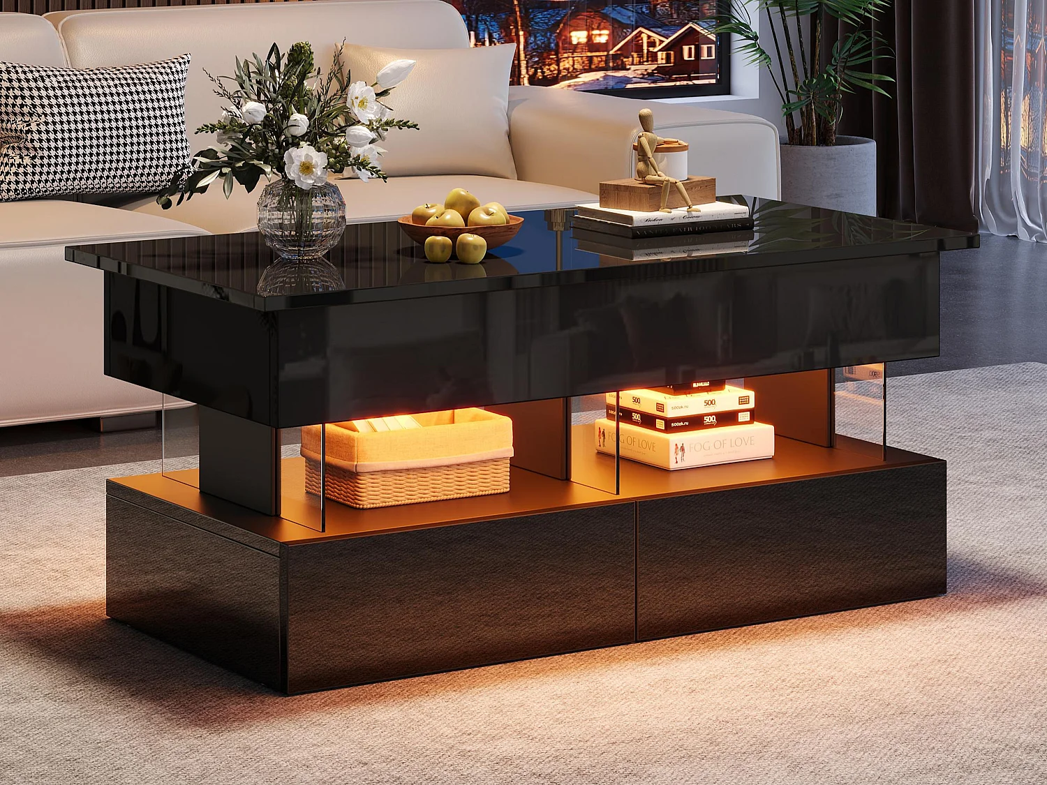 Höhenverstellbarer Couchtisch 100 x 50 x 46 cm - mit LED-Beleuchtung - 2 Schubladen - hochglänzende Lackoberfläche - MDF - schwarz