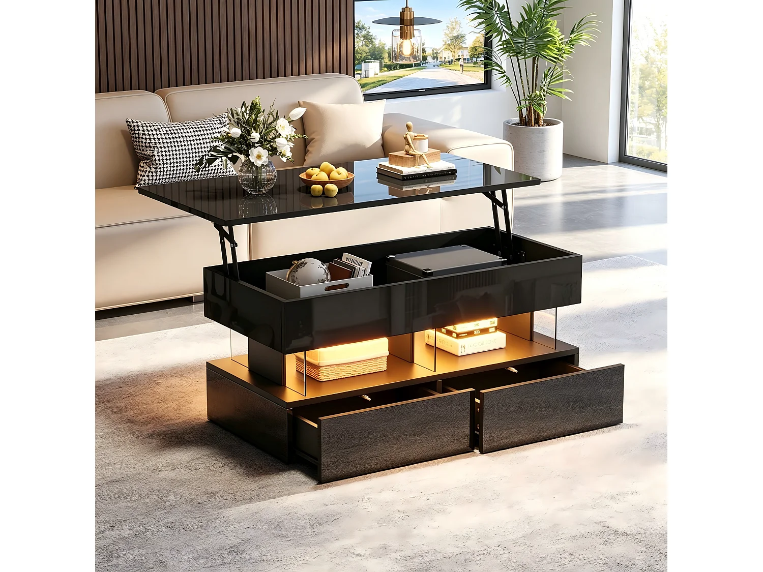 Höhenverstellbarer Couchtisch 100 x 50 x 46 cm - mit LED-Beleuchtung - 2 Schubladen - hochglänzende Lackoberfläche - MDF - schwarz