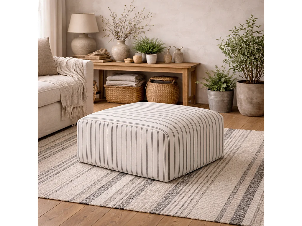Malmo Chalk Stripe Upholstered Square Pouffe 90 x 70 x 44cm