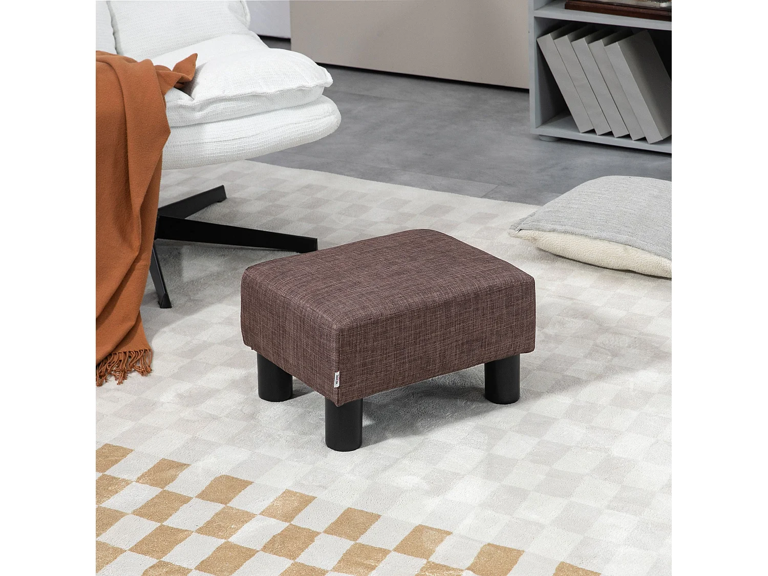 Fata Linen Look Brown Footstool Compact Rectangular Ottoman with 4 Plastic Feet