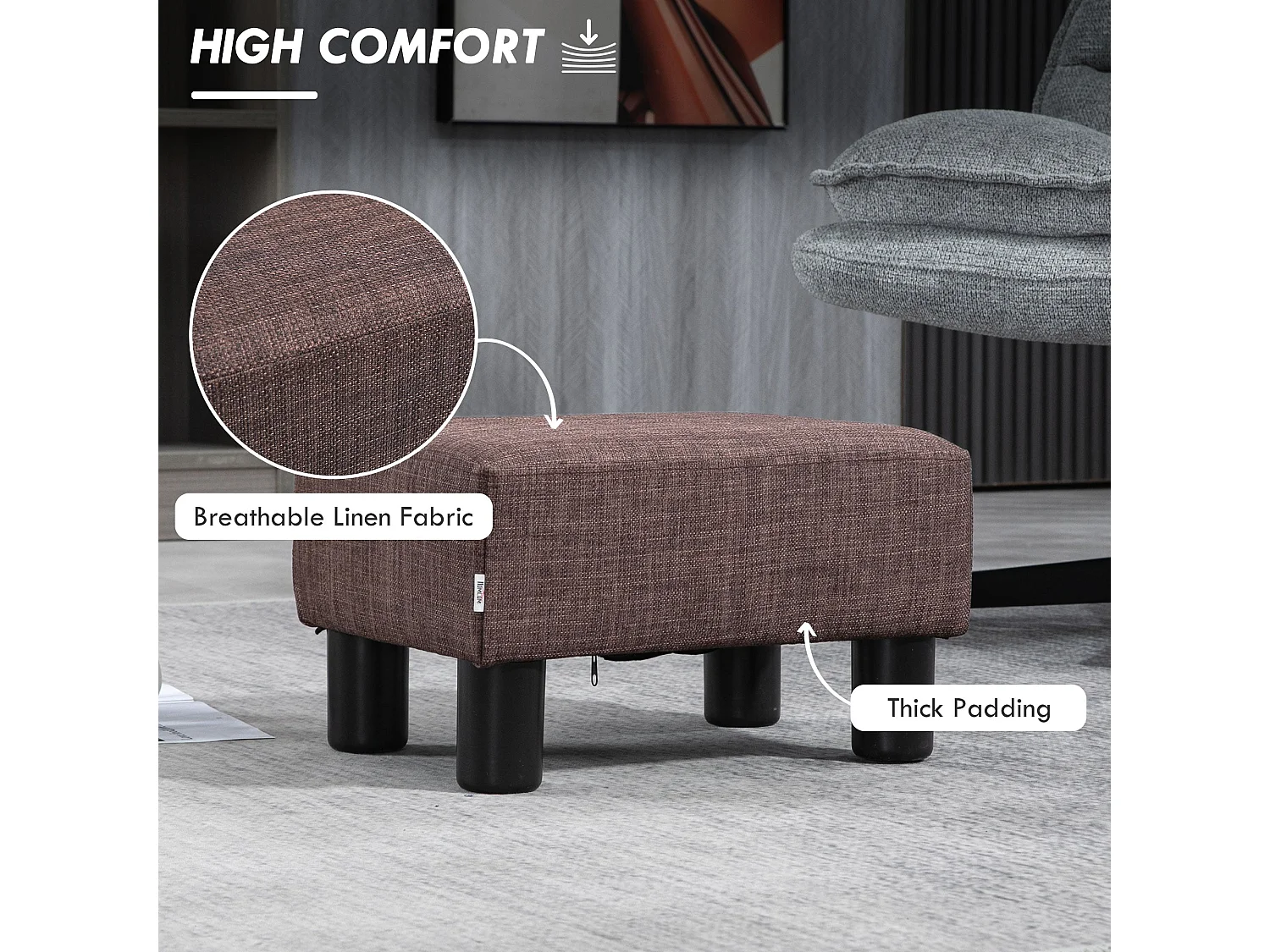 Fata Linen Look Brown Footstool Compact Rectangular Ottoman with 4 Plastic Feet