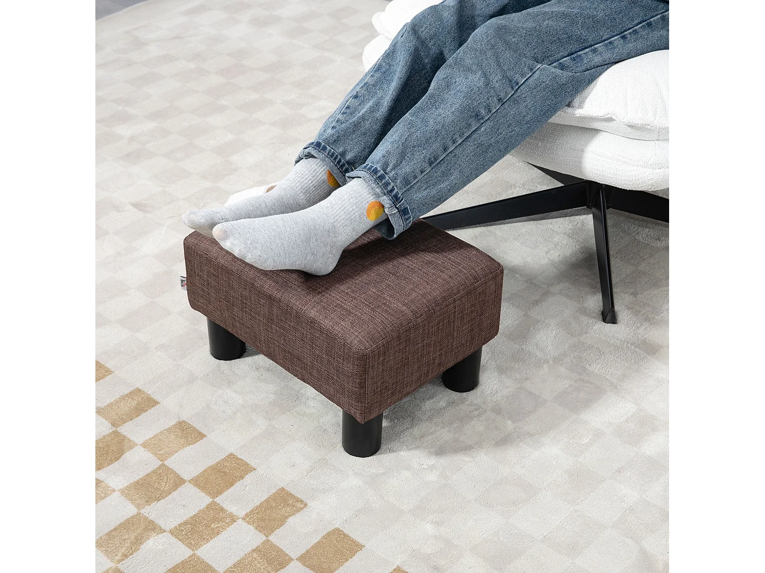 Fata Linen Look Brown Footstool Compact Rectangular Ottoman with 4 Plastic Feet