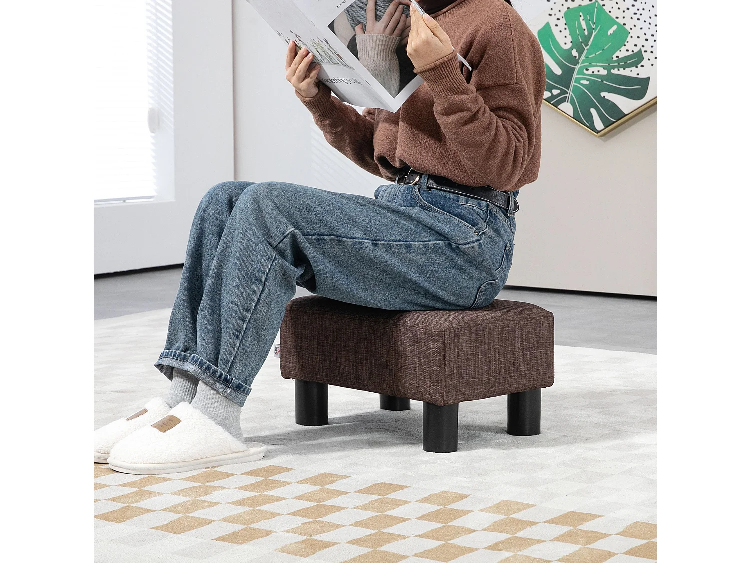 Fata Linen Look Brown Footstool Compact Rectangular Ottoman with 4 Plastic Feet