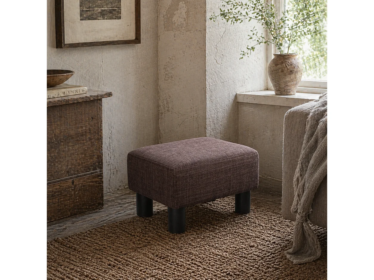 Fata Linen Look Brown Footstool Compact Rectangular Ottoman with 4 Plastic Feet