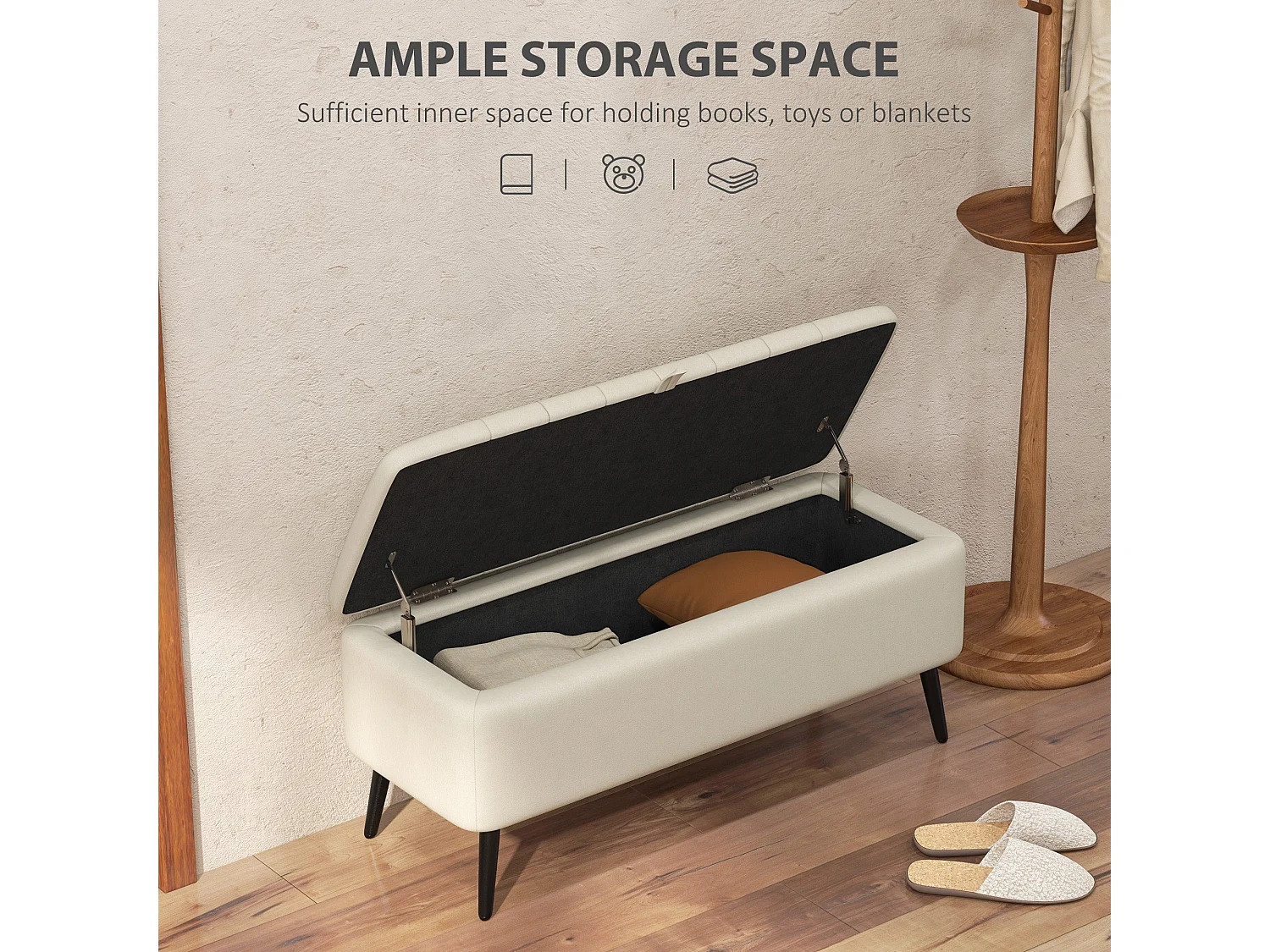 Zimina Cream Linen Look Storage Ottoman with Padded Stripe Top