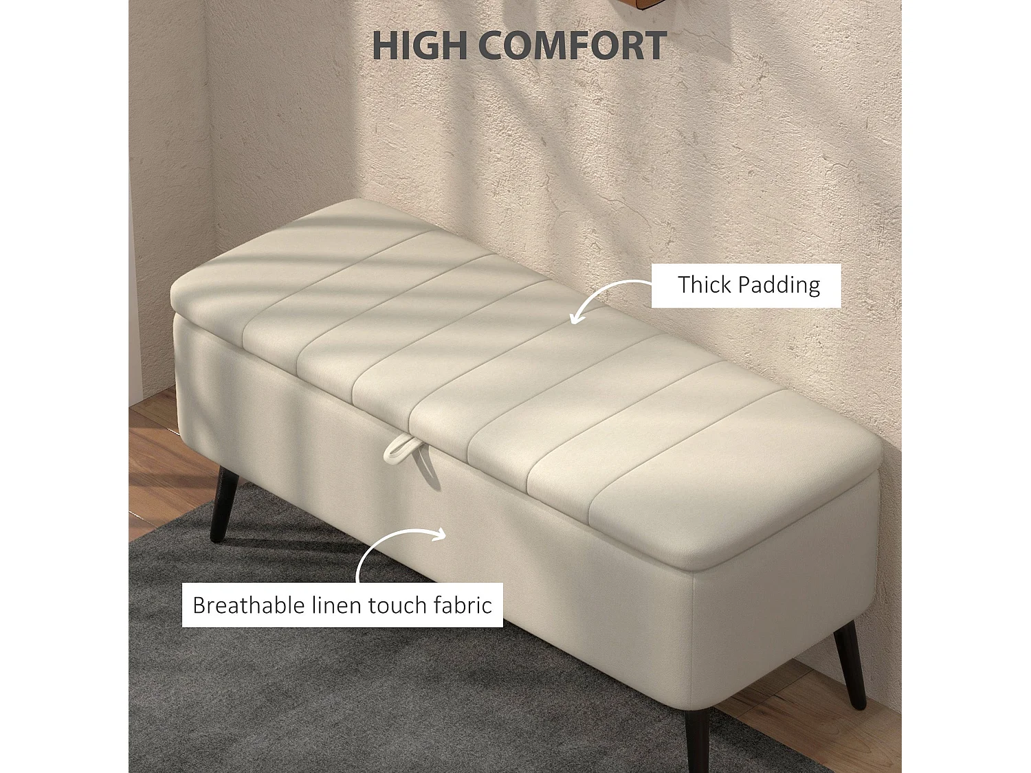 Zimina Cream Linen Look Storage Ottoman with Padded Stripe Top