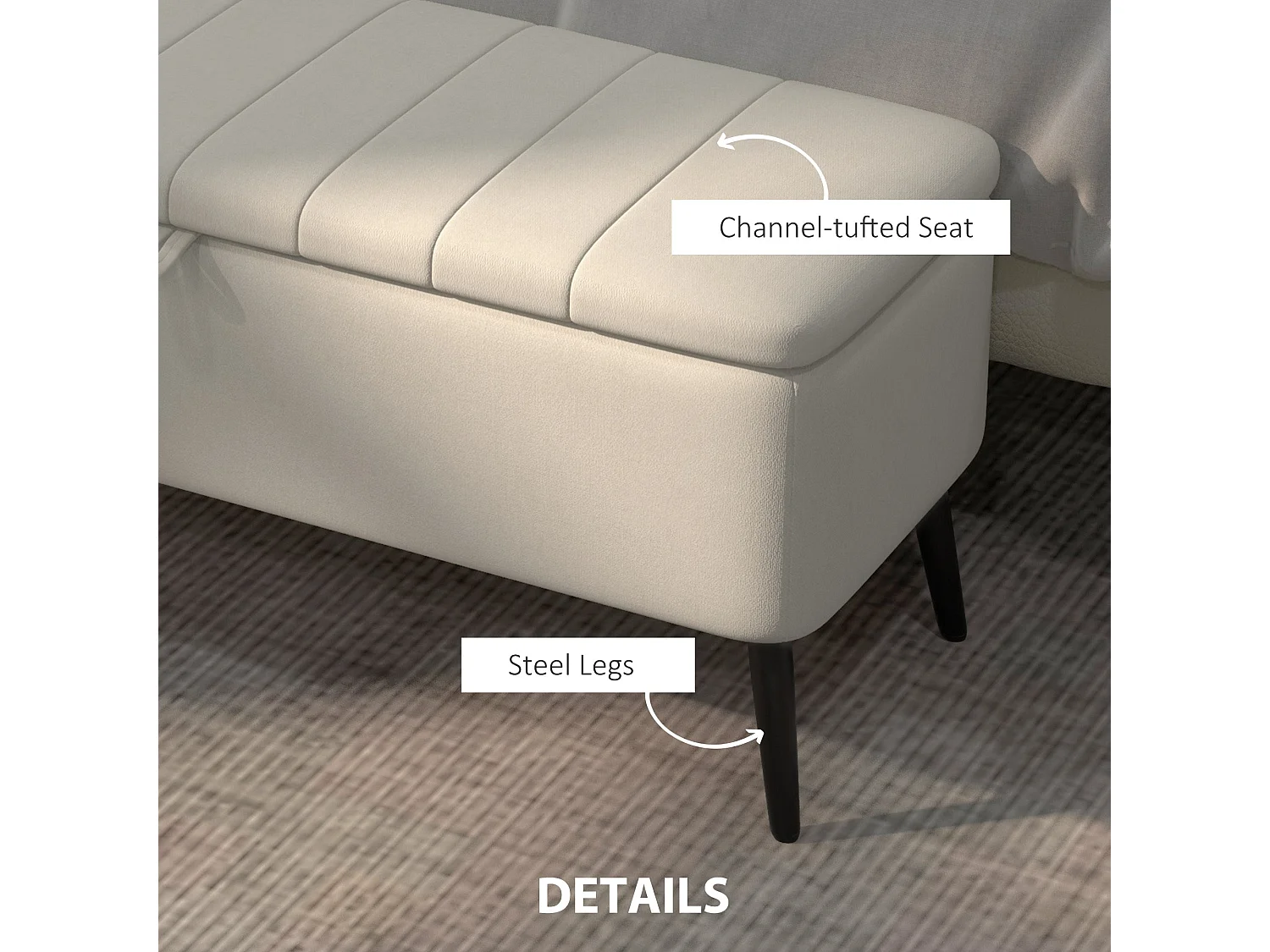 Zimina Cream Linen Look Storage Ottoman with Padded Stripe Top