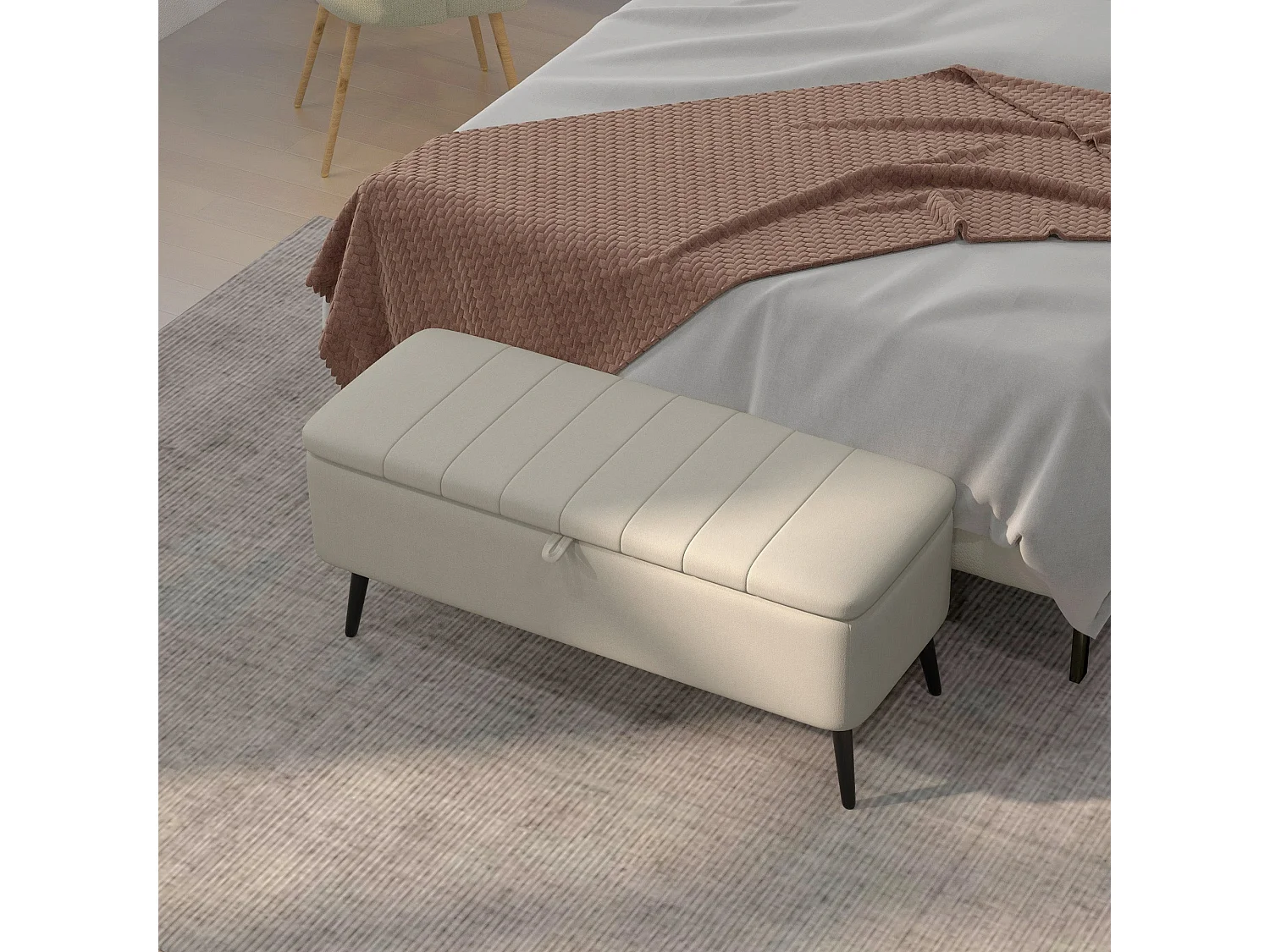 Zimina Cream Linen Look Storage Ottoman with Padded Stripe Top