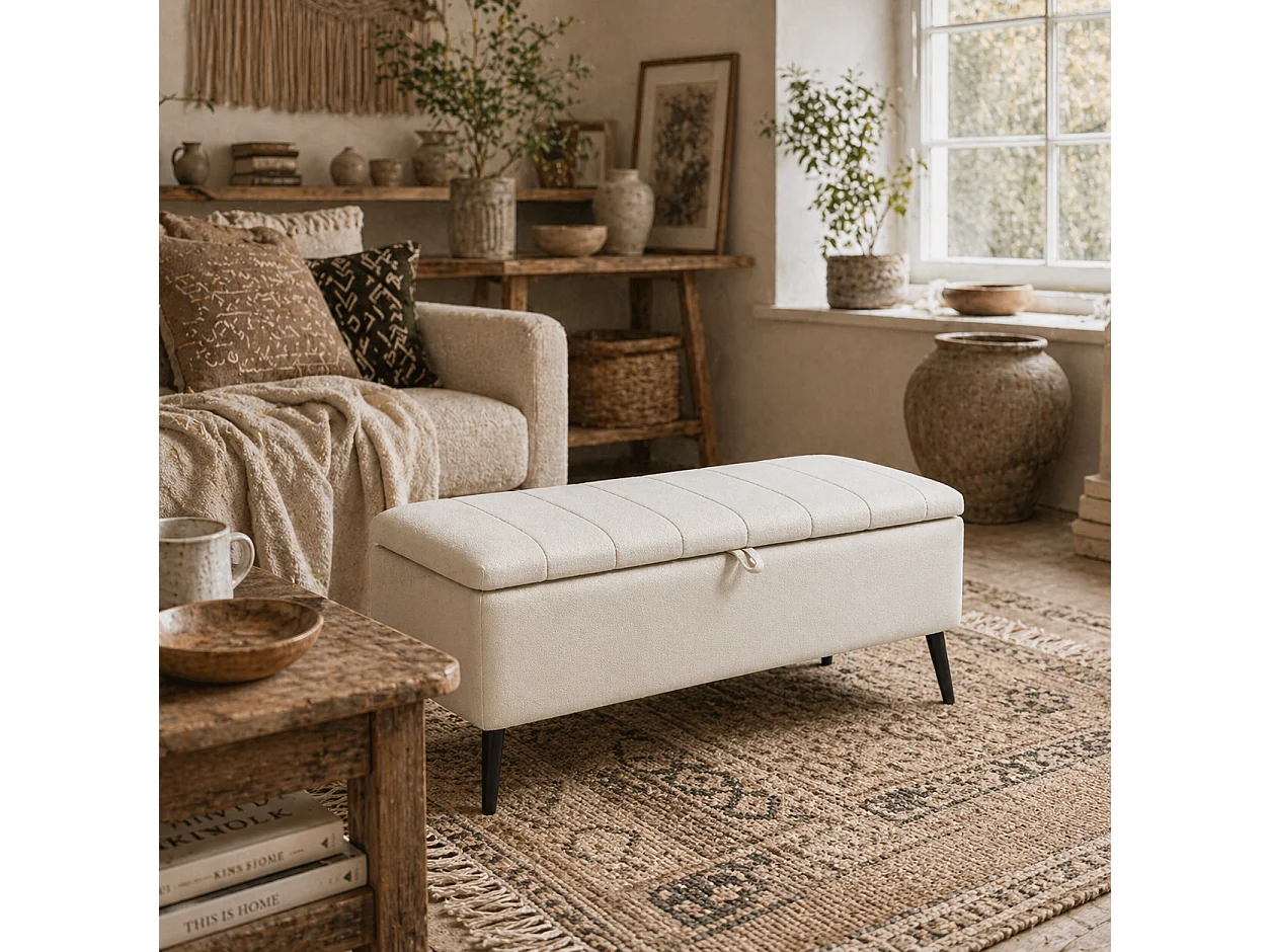 Zimina Cream Linen Look Storage Ottoman with Padded Stripe Top