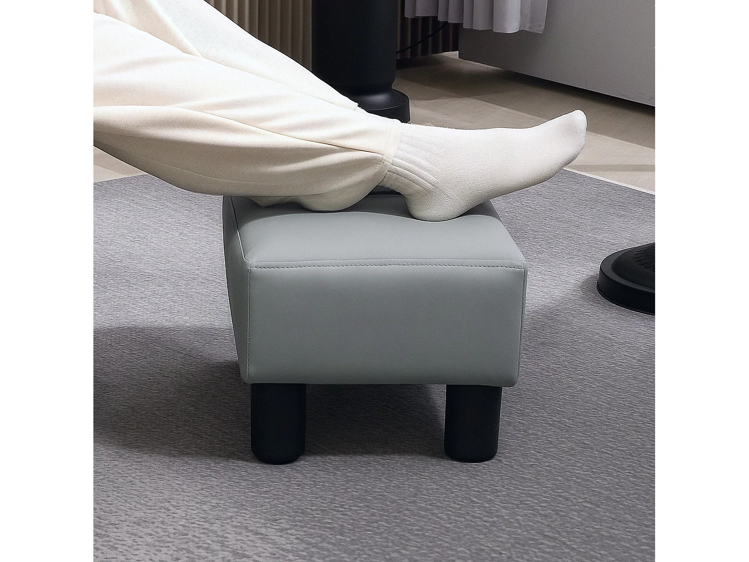 Relata Grey PU Leather Footstool with Black Legs