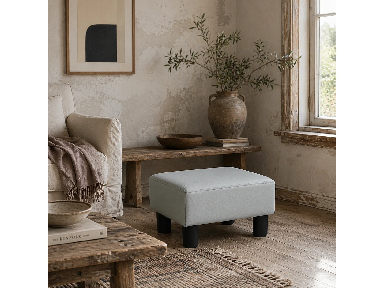 Relata Grey PU Leather Footstool with Black Legs